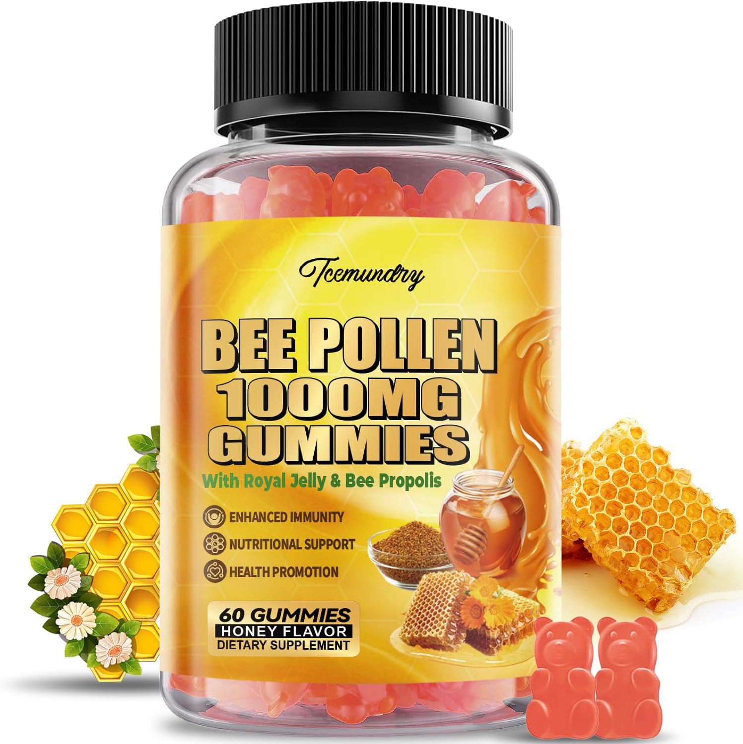 Sugar-Free Bee Pollen Gummies with Royal Jelly & Propolis, 1000MG, Rich in Vitamin C & E, Vegetarian, Non-GMO, Gluten-Free, Immunity & Skin Health Support