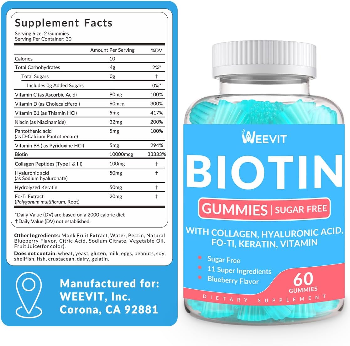 Sugar-Free Biotin Gummies with Collagen, Keratin, and Hyaluronic Acid for Hair Growth - Vitamin B7 Supplement Chewables for Women and Men