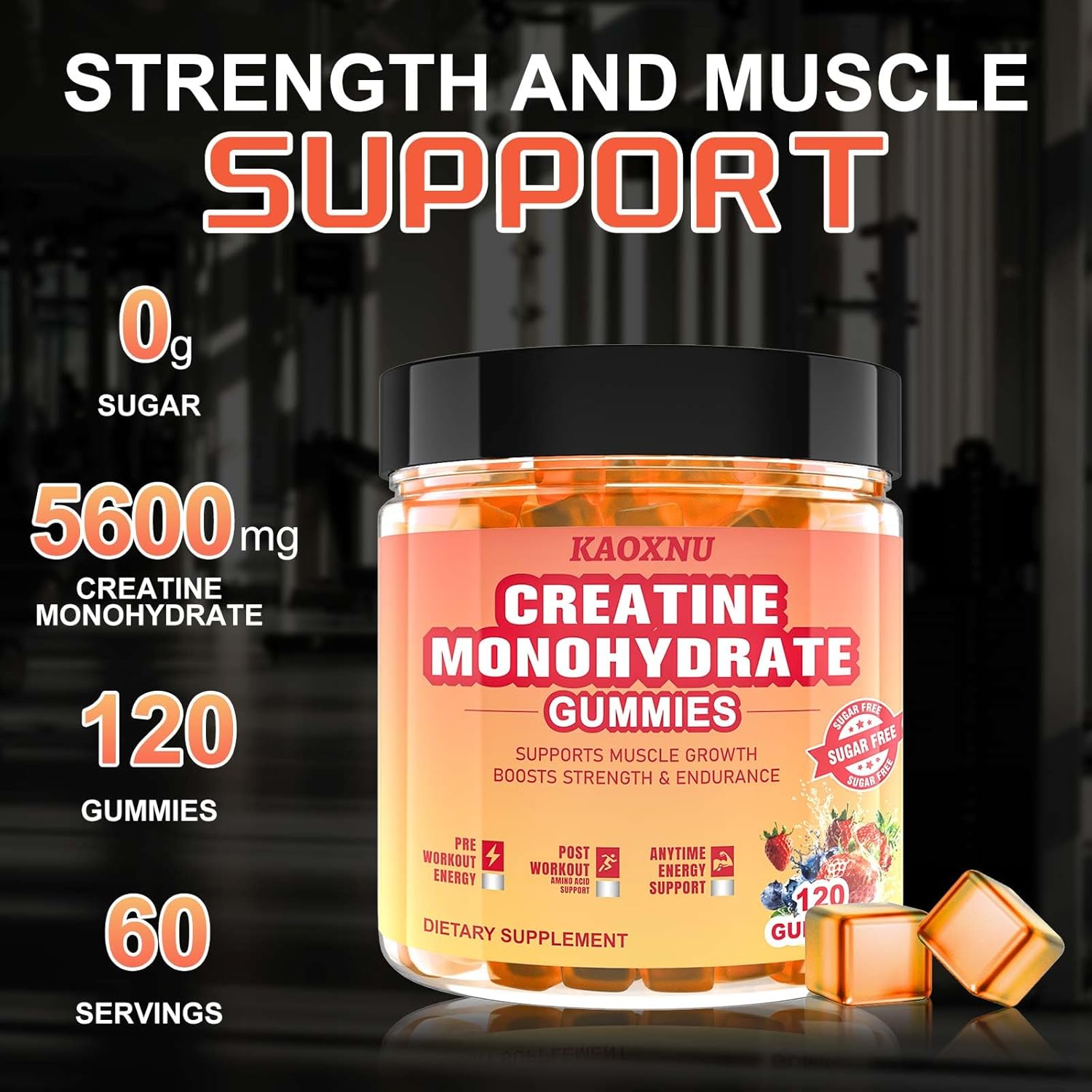 Sugar-Free Blueberry Strawberry Creatine Gummies 5600mg, 120CT - Muscle Support & Energy Boost for Men & Women, 5.6g Creatine Monohydrate per Serving