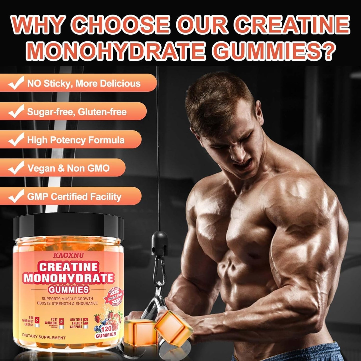 Sugar-Free Blueberry Strawberry Creatine Gummies 5600mg, 120CT - Muscle Support & Energy Boost for Men & Women, 5.6g Creatine Monohydrate per Serving
