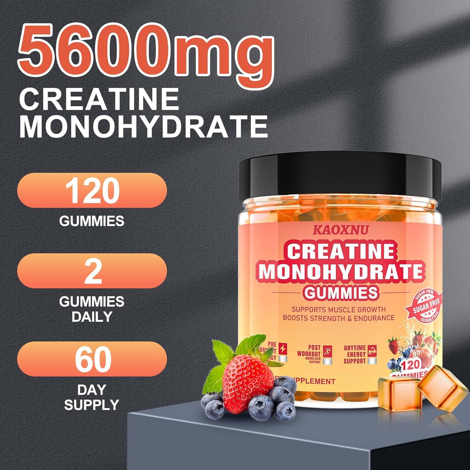 Sugar-Free Blueberry Strawberry Creatine Gummies 5600mg, 120CT - Muscle Support & Energy Boost for Men & Women, 5.6g Creatine Monohydrate per Serving