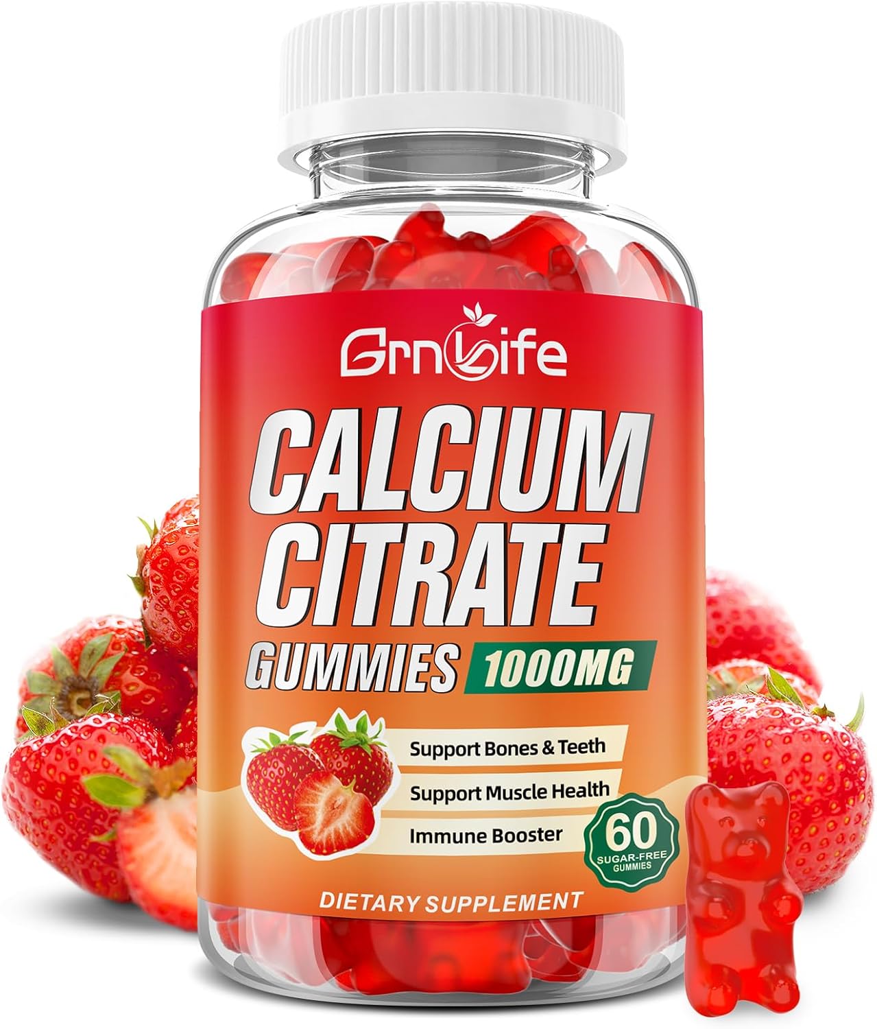 Sugar-Free Calcium Citrate Gummies 1000mg for Muscle Health - Strawberry Flavor - 60 Count - Adults & Kids Calcium Supplements