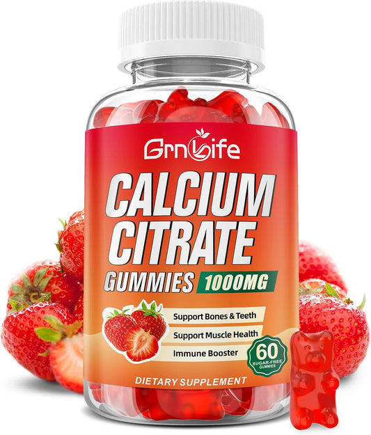 Sugar-Free Calcium Citrate Gummies 1000mg for Muscle Health - Strawberry Flavor - 60 Count - Adults & Kids Calcium Supplements