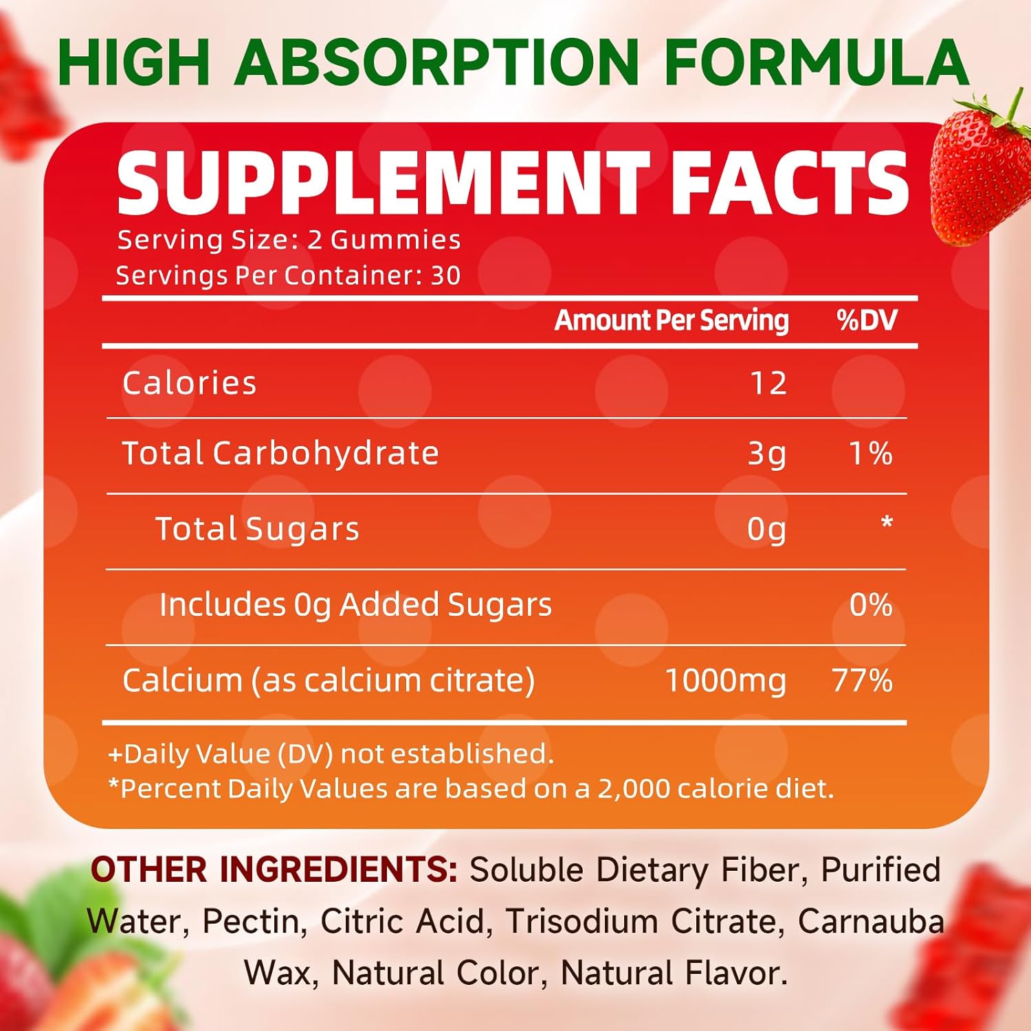 Sugar-Free Calcium Citrate Gummies 1000mg for Muscle Health - Strawberry Flavor - 60 Count - Adults & Kids Calcium Supplements