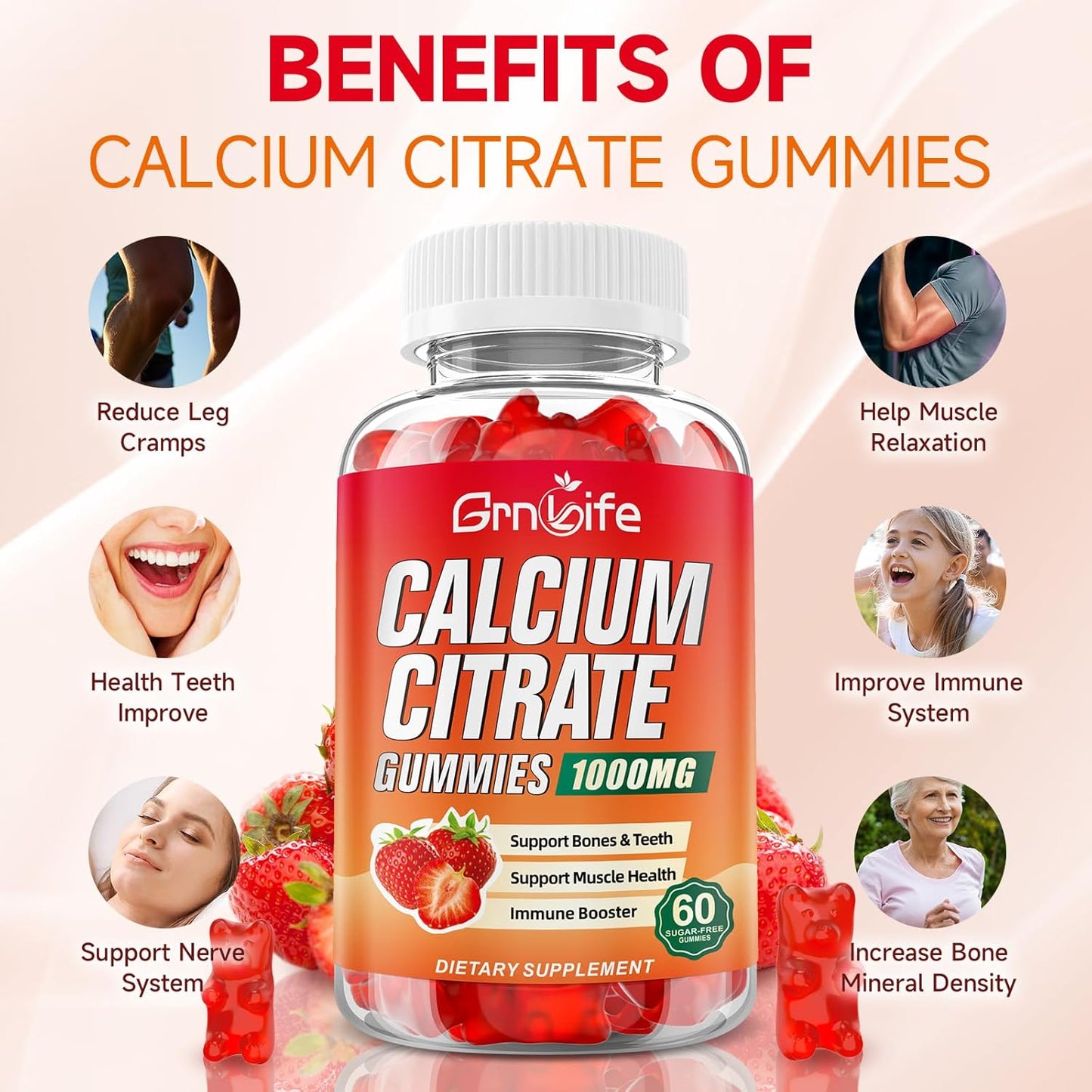 Sugar-Free Calcium Citrate Gummies 1000mg for Muscle Health - Strawberry Flavor - 60 Count - Adults & Kids Calcium Supplements