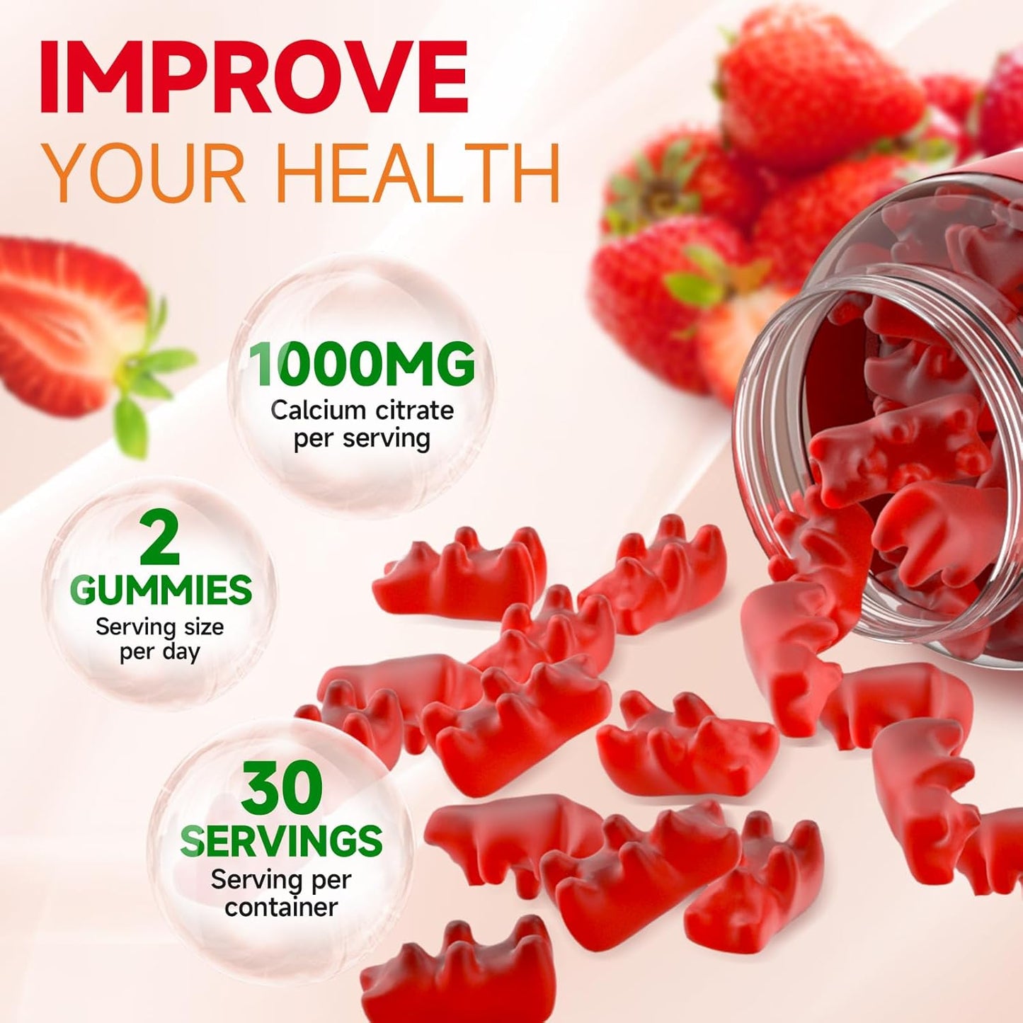 Sugar-Free Calcium Citrate Gummies 1000mg for Muscle Health - Strawberry Flavor - 60 Count - Adults & Kids Calcium Supplements
