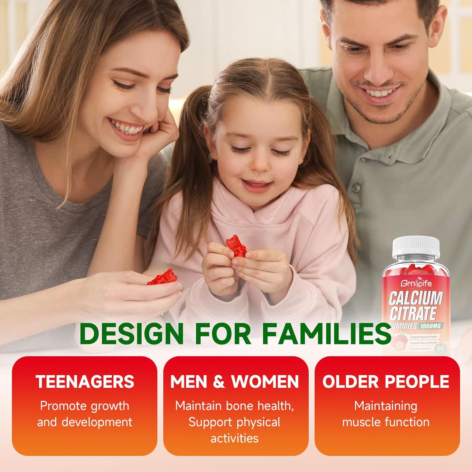 Sugar-Free Calcium Citrate Gummies 1000mg for Muscle Health - Strawberry Flavor - 60 Count - Adults & Kids Calcium Supplements