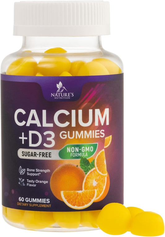 Sugar Free Calcium Gummy Bites with Vitamin D3 for Bone Health & Immune Support - Orange Flavor Chewables - 60 Gummies