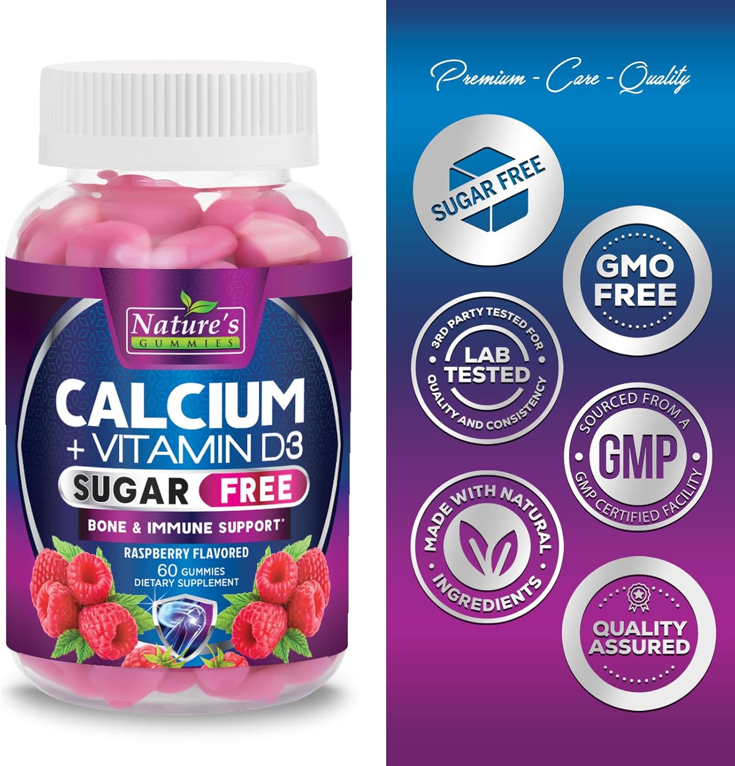 Sugar-Free Calcium Gummy Bites with Vitamin D3 for Bone Health and Immune Support - 60 Berry Flavor Chews, Non-GMO Supplement