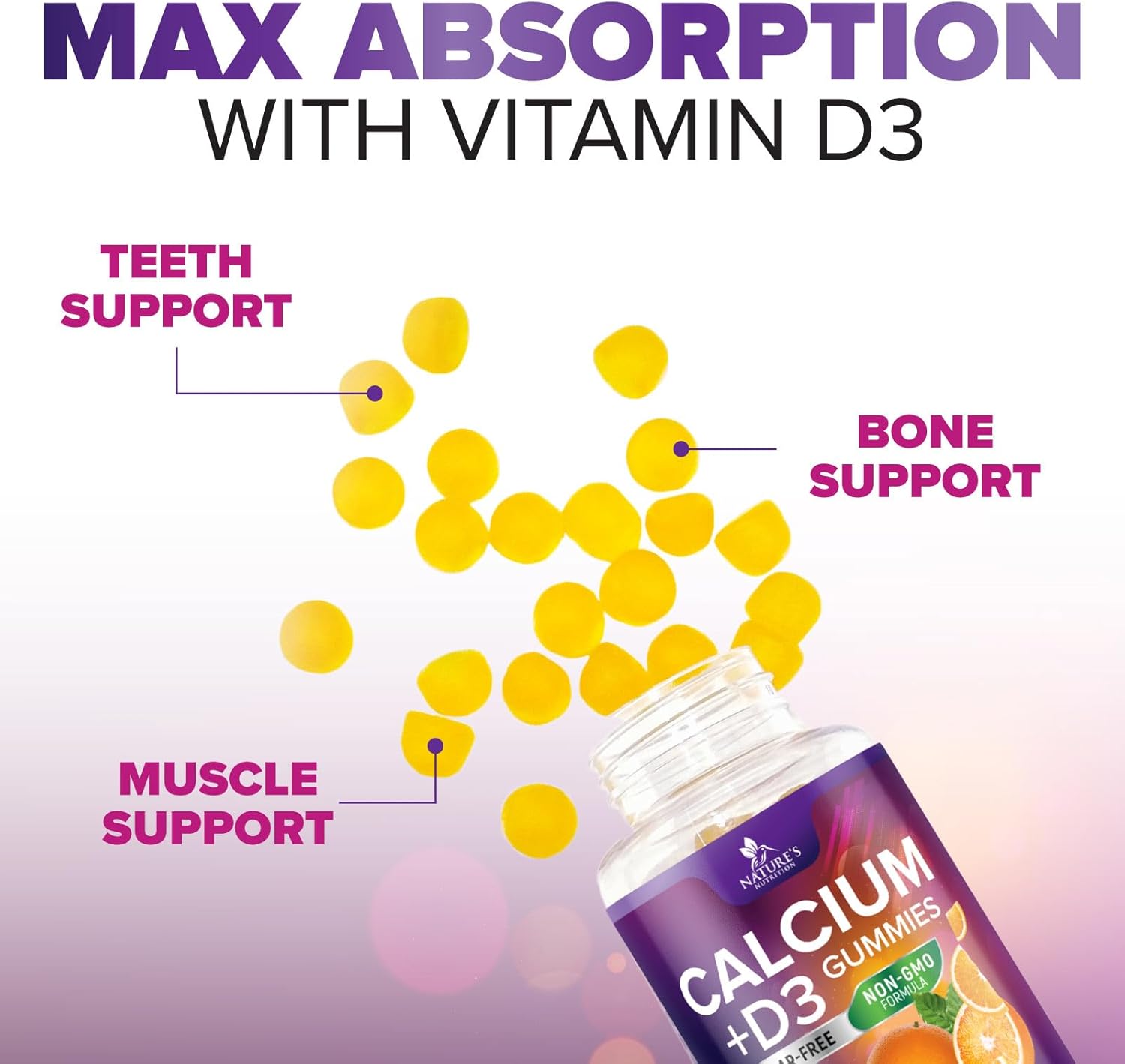Sugar Free Calcium Gummy Bites with Vitamin D3 for Bone Health & Immune Support - Orange Flavor Chewables - 60 Gummies
