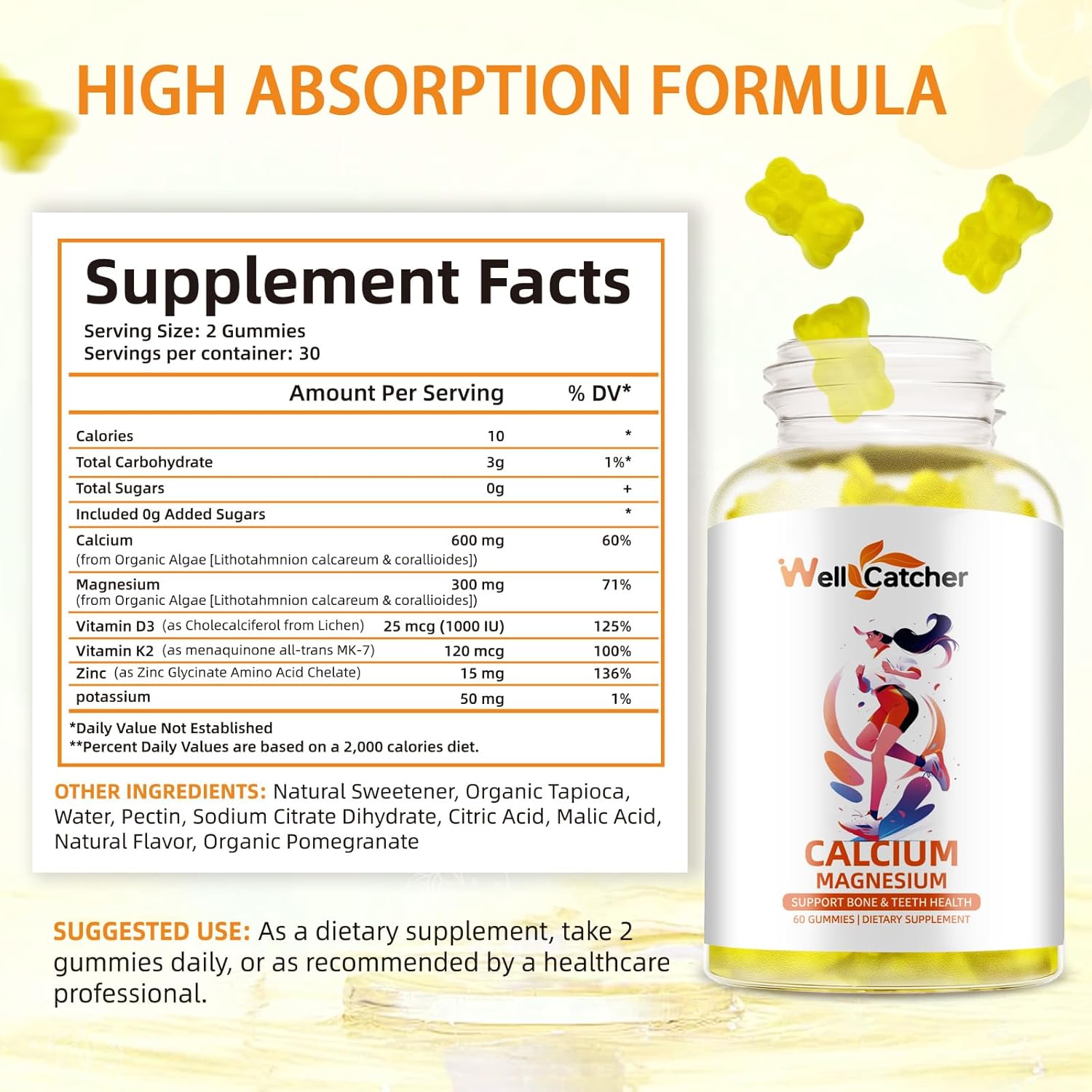 Sugar-Free Calcium Magnesium Gummies for Adults and Kids - Vegan Algae Supplements with Zinc, Potassium, Vitamin D3, K2 - Lemon Flavor, 120CT