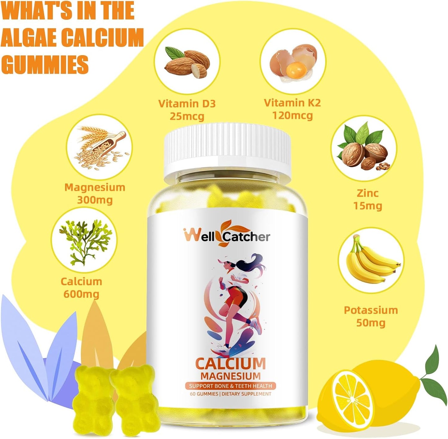 Sugar-Free Calcium Magnesium Gummies for Adults and Kids - Vegan Algae Supplements with Zinc, Potassium, Vitamin D3, K2 - Lemon Flavor, 120CT