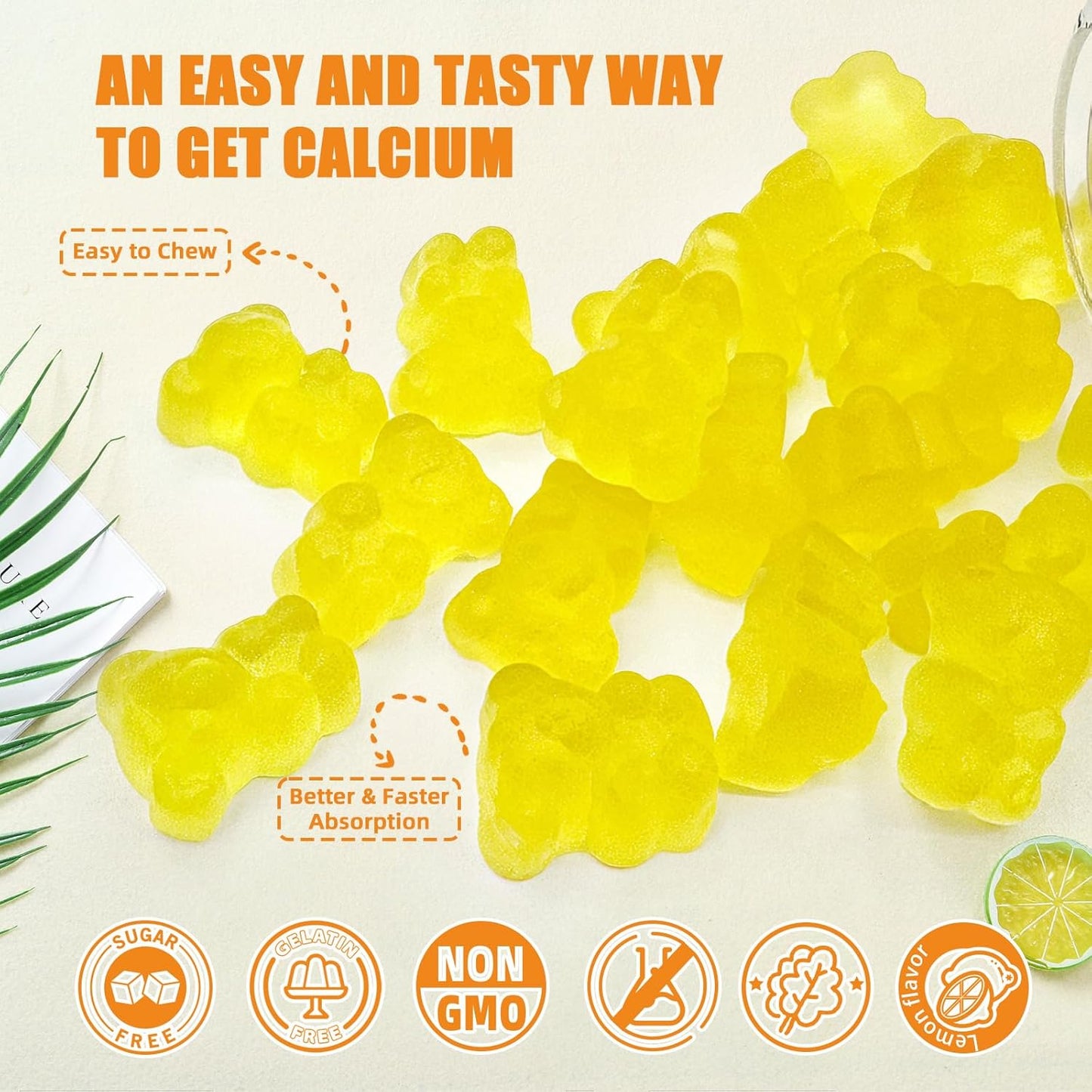Sugar-Free Calcium Magnesium Gummies for Adults and Kids - Vegan Algae Supplements with Zinc, Potassium, Vitamin D3, K2 - Lemon Flavor, 120CT