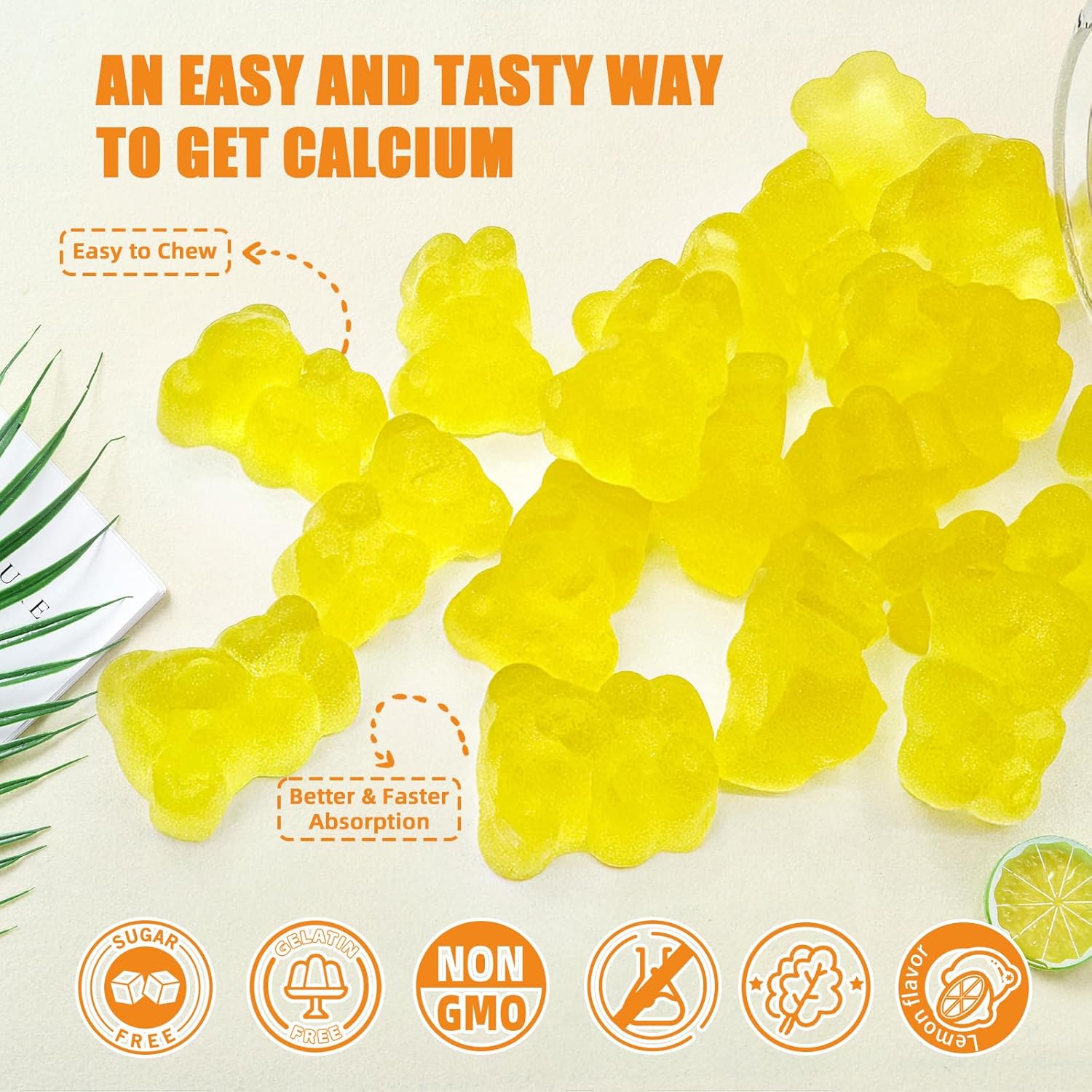 Sugar-Free Calcium Magnesium Gummies for Adults and Kids - Vegan Algae Supplements with Zinc, Potassium, Vitamin D3, K2 - Lemon Flavor, 120CT