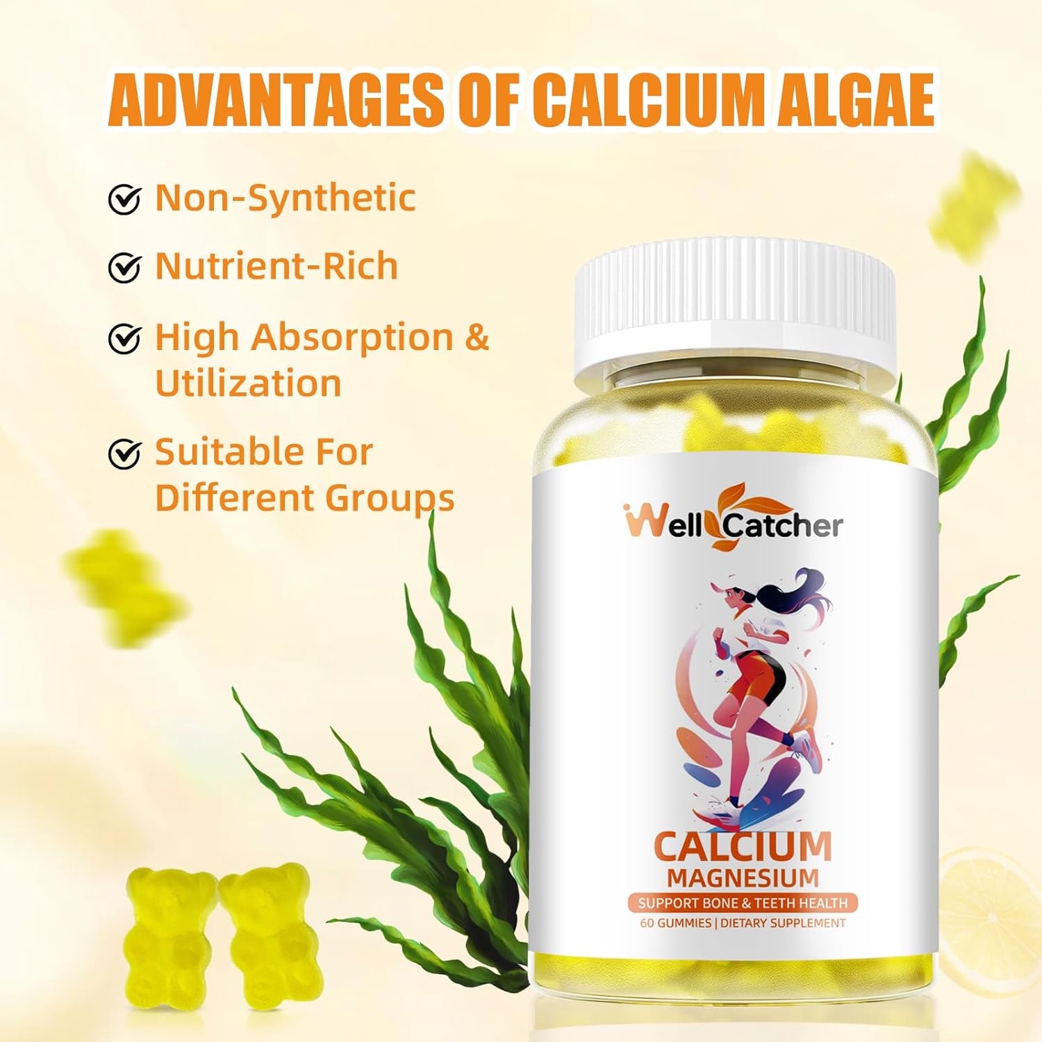 Sugar-Free Calcium Magnesium Gummies for Adults and Kids - Vegan Algae Supplements with Zinc, Potassium, Vitamin D3, K2 - Lemon Flavor, 120CT