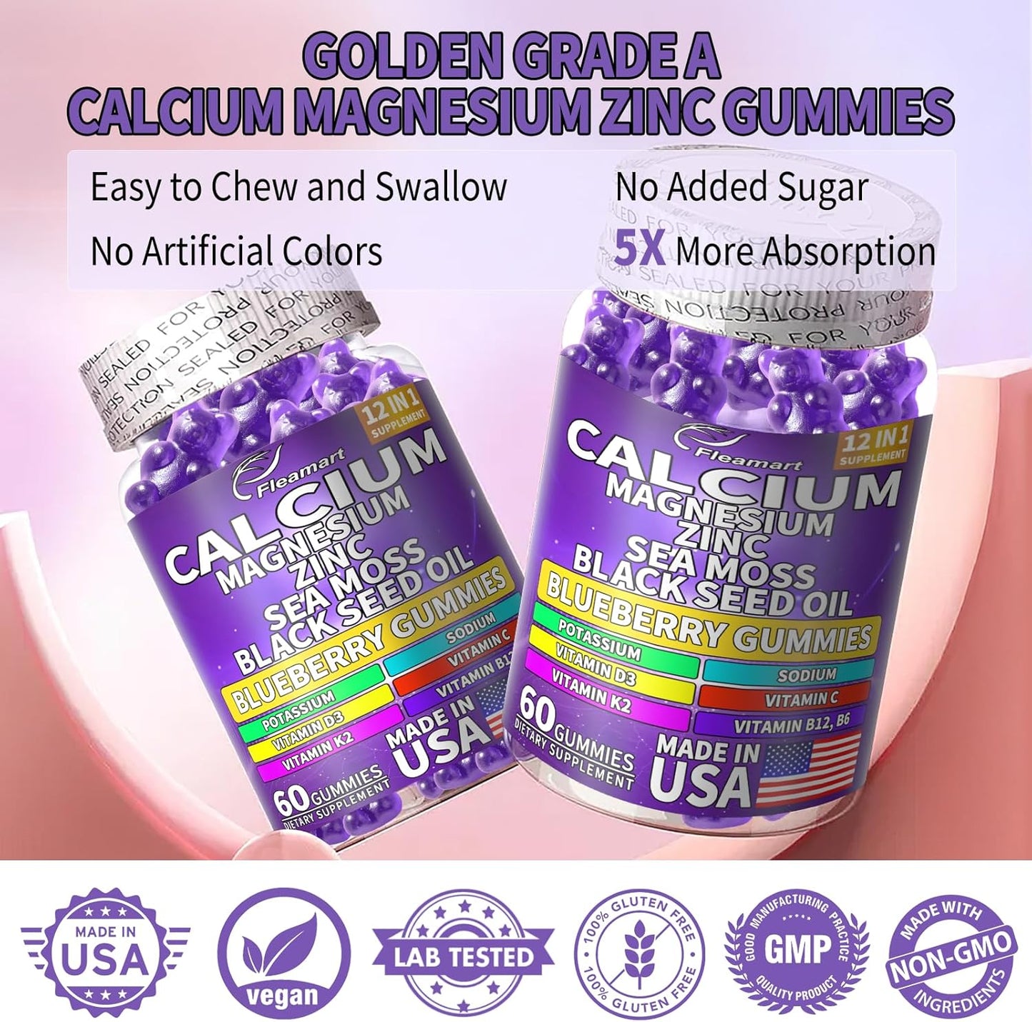 Sugar-Free Calcium Magnesium Zinc Gummies for Bone & Immune Support - 60 Count Blueberry Flavored Supplement for Women and Men - Made in USA
