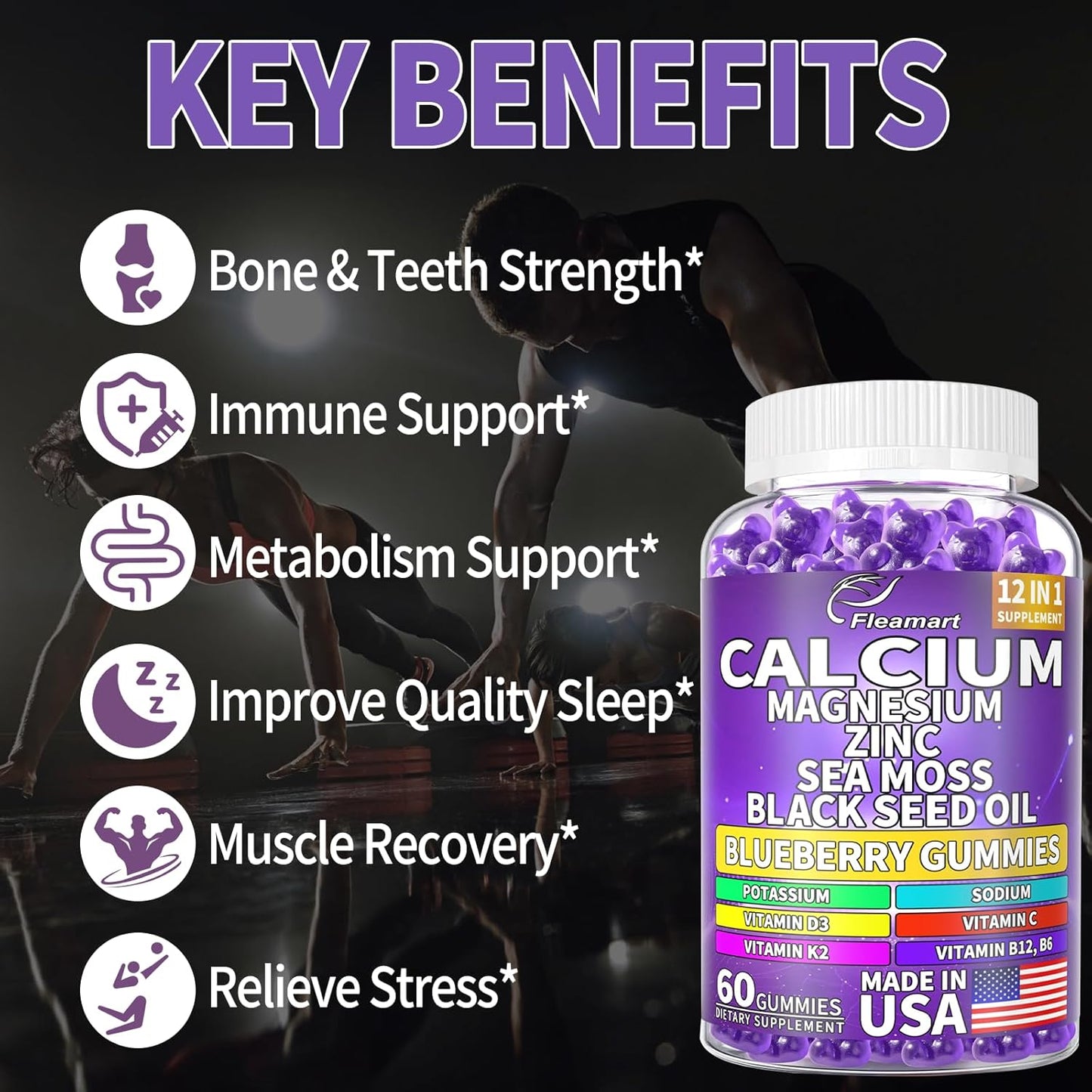 Sugar-Free Calcium Magnesium Zinc Gummies for Bone & Immune Support - 60 Count Blueberry Flavored Supplement for Women and Men - Made in USA