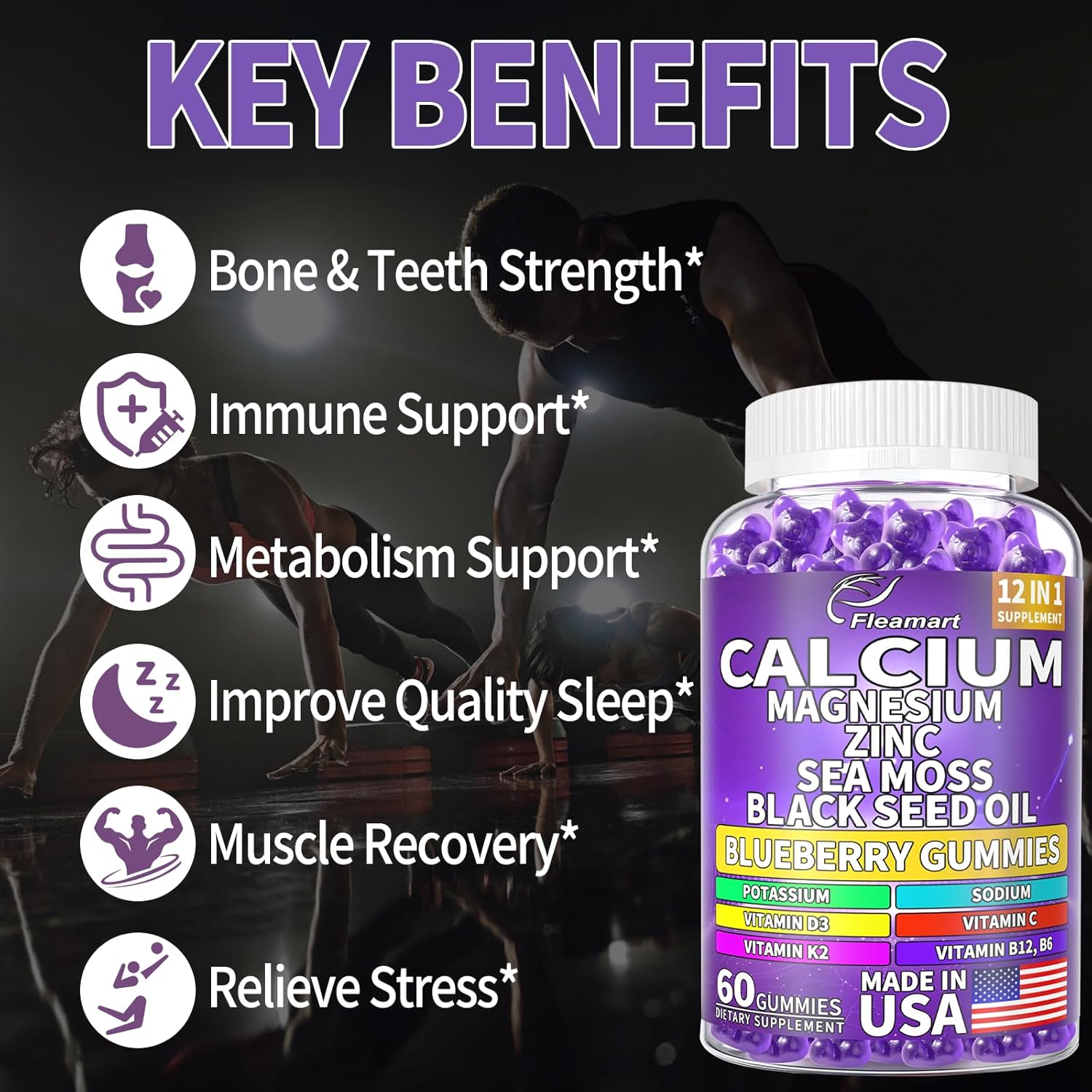 Sugar-Free Calcium Magnesium Zinc Gummies for Bone & Immune Support - 60 Count Blueberry Flavored Supplement for Women and Men - Made in USA