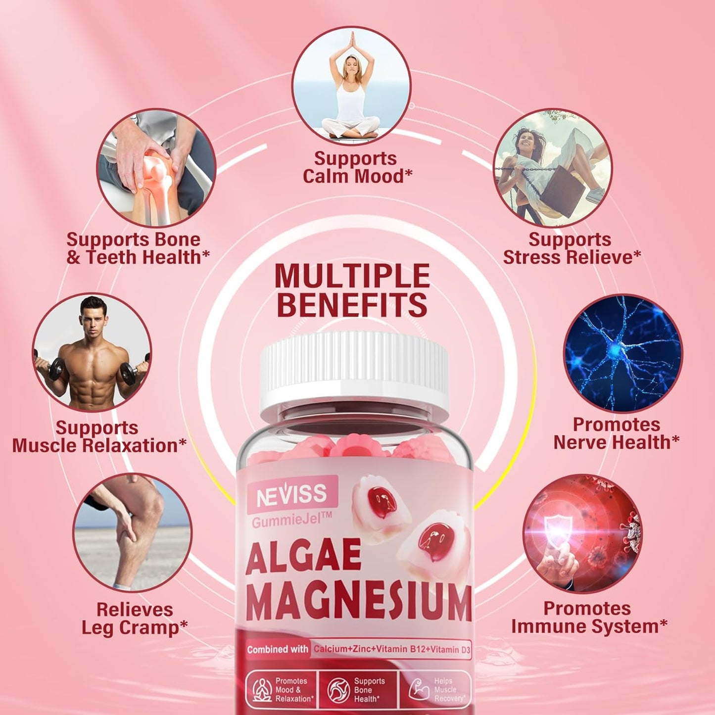 Sugar Free Calcium Magnesium Zinc Gummies with Algae Calcium & D3 | Supports Bone Health, Muscle Function & Nerve | 60 Ct