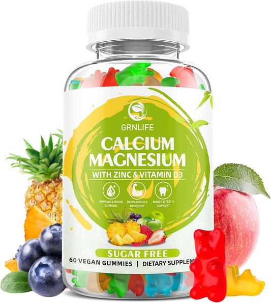Sugar-Free Calcium Magnesium Zinc Gummies with Vitamin D3 - 60 Count for Bone, Muscle, and Immune Health - Mixed Flavors - High Potency Supplement for Men and Women