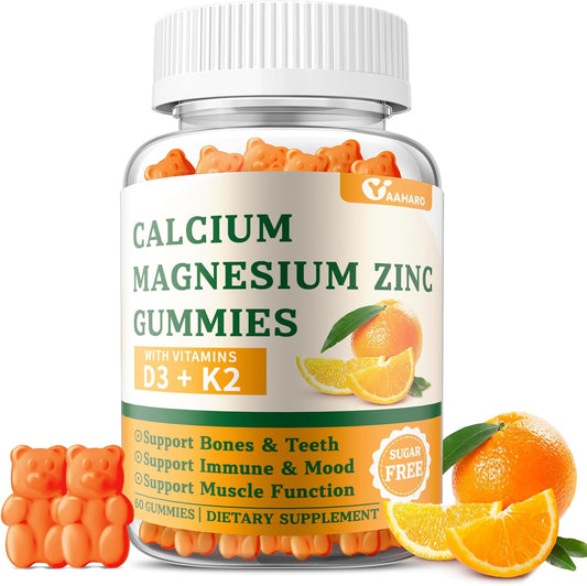 Sugar-Free Calcium Magnesium Zinc Gummies with Vitamin D3 & K2 - Bone & Immune Support for Women and Men - Orange Flavored - 60 Gummies