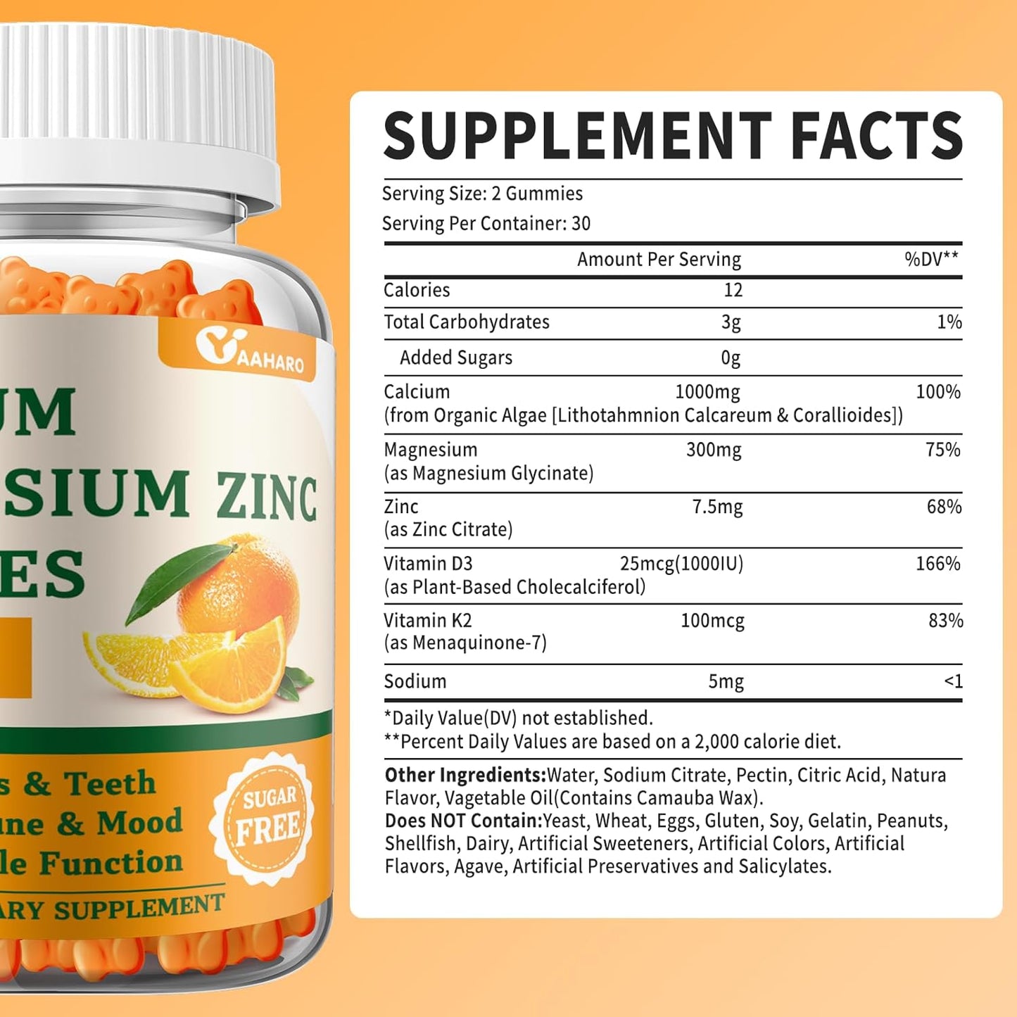 Sugar-Free Calcium Magnesium Zinc Gummies with Vitamin D3 & K2 - Bone & Immune Support for Women and Men - Orange Flavored - 60 Gummies