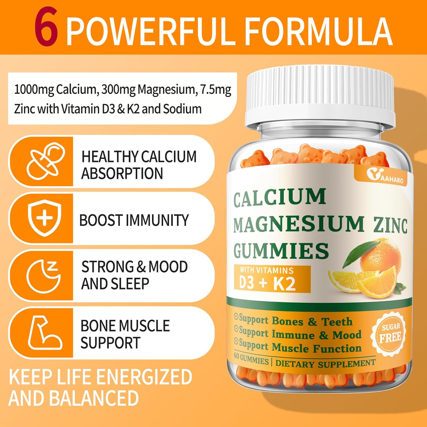 Sugar-Free Calcium Magnesium Zinc Gummies with Vitamin D3 & K2 - Bone & Immune Support for Women and Men - Orange Flavored - 60 Gummies