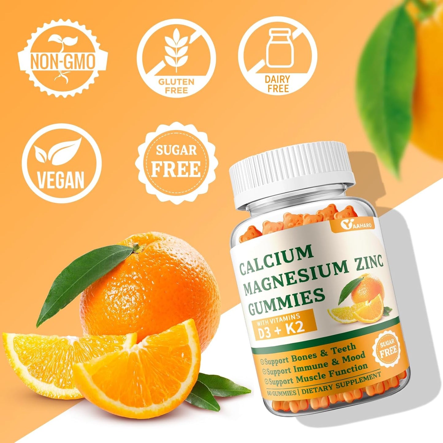 Sugar-Free Calcium Magnesium Zinc Gummies with Vitamin D3 & K2 - Bone & Immune Support for Women and Men - Orange Flavored - 60 Gummies