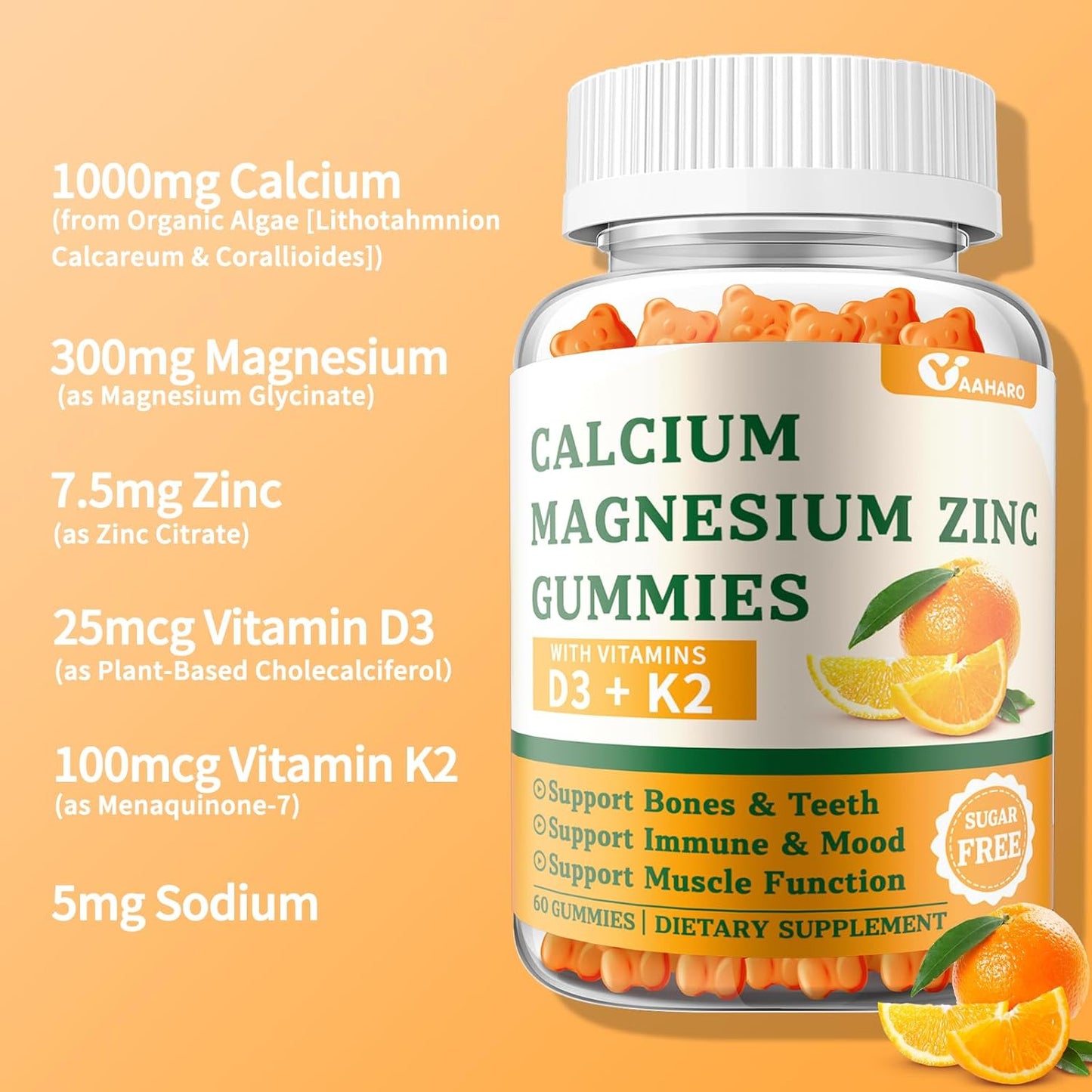 Sugar-Free Calcium Magnesium Zinc Gummies with Vitamin D3 & K2 - Bone & Immune Support for Women and Men - Orange Flavored - 60 Gummies