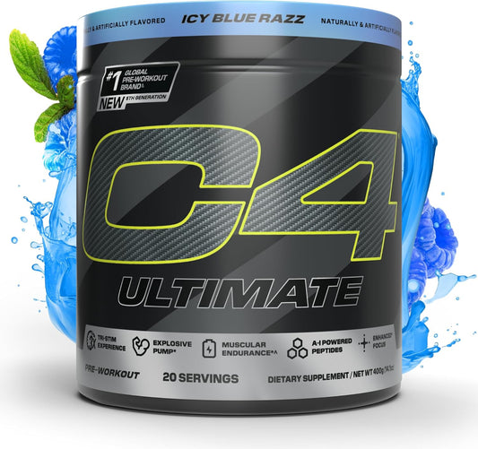Sugar-Free Cellucor C4 Ultimate Pre-Workout Powder - Energy Supplement with 300mg Caffeine, TeaCrine, Dynamine, Creatine - ICY Blue Razz, 20 Servings for Men & Women
