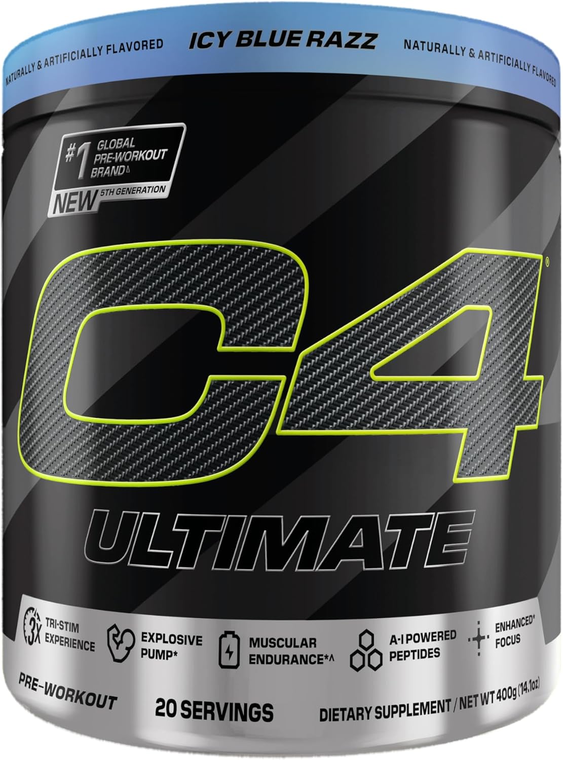 Sugar-Free Cellucor C4 Ultimate Pre-Workout Powder - Energy Supplement with 300mg Caffeine, TeaCrine, Dynamine, Creatine - ICY Blue Razz, 20 Servings for Men & Women