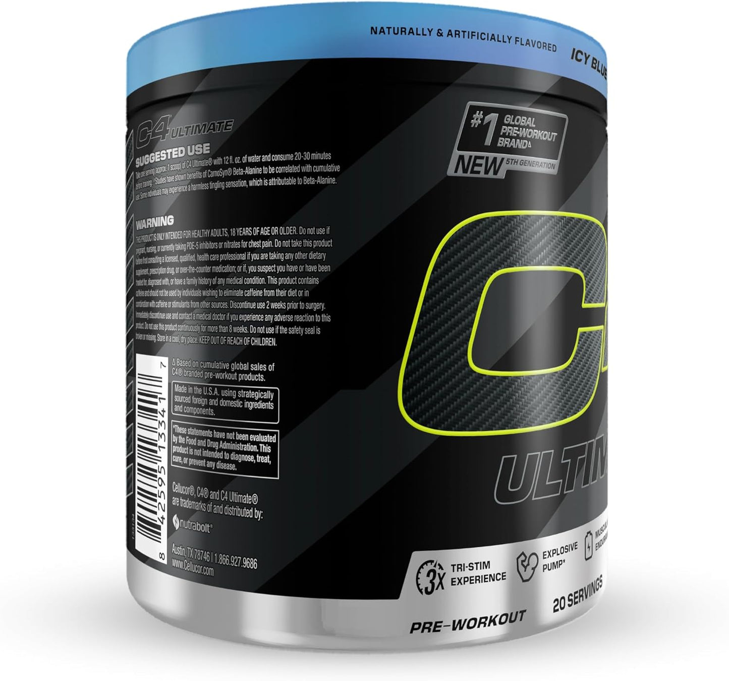 Sugar-Free Cellucor C4 Ultimate Pre-Workout Powder - Energy Supplement with 300mg Caffeine, TeaCrine, Dynamine, Creatine - ICY Blue Razz, 20 Servings for Men & Women