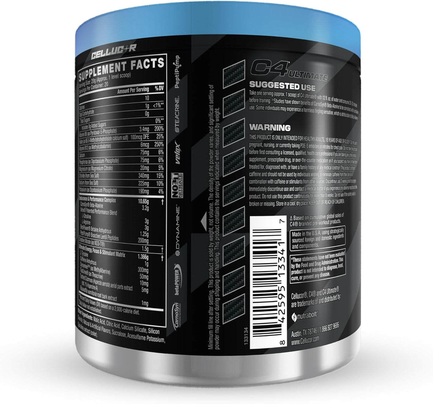 Sugar-Free Cellucor C4 Ultimate Pre-Workout Powder - Energy Supplement with 300mg Caffeine, TeaCrine, Dynamine, Creatine - ICY Blue Razz, 20 Servings for Men & Women