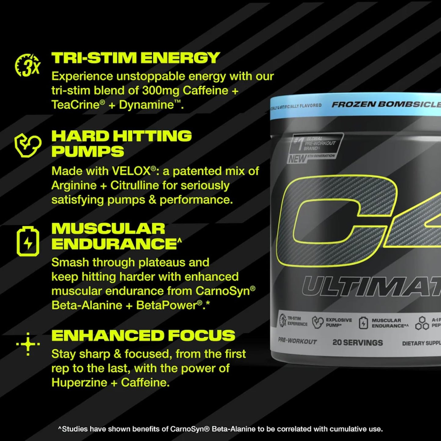 Sugar-Free Cellucor C4 Ultimate Pre-Workout Powder - Energy Supplement with 300mg Caffeine, TeaCrine, Dynamine, Creatine - ICY Blue Razz, 20 Servings for Men & Women