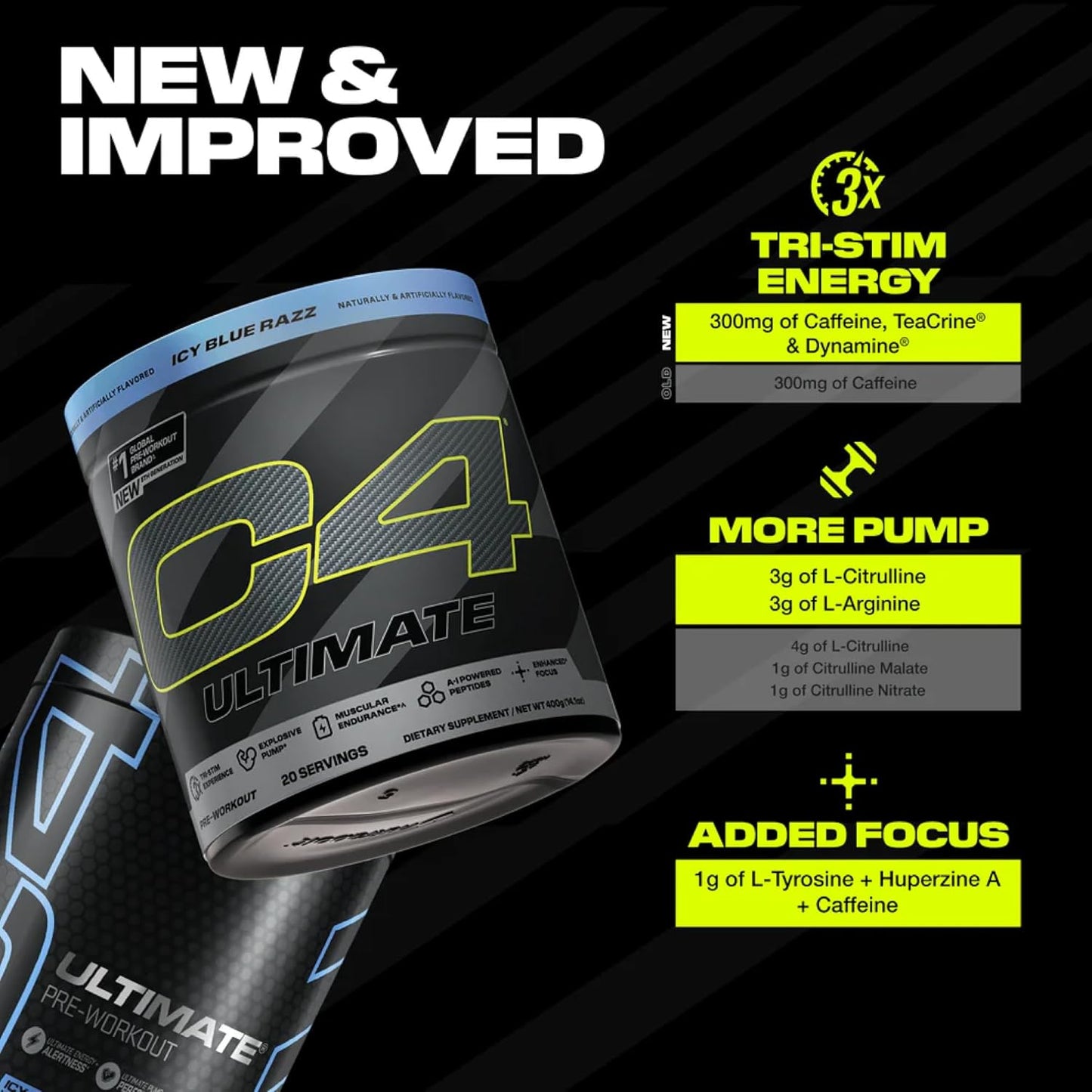 Sugar-Free Cellucor C4 Ultimate Pre-Workout Powder - Energy Supplement with 300mg Caffeine, TeaCrine, Dynamine, Creatine - ICY Blue Razz, 20 Servings for Men & Women
