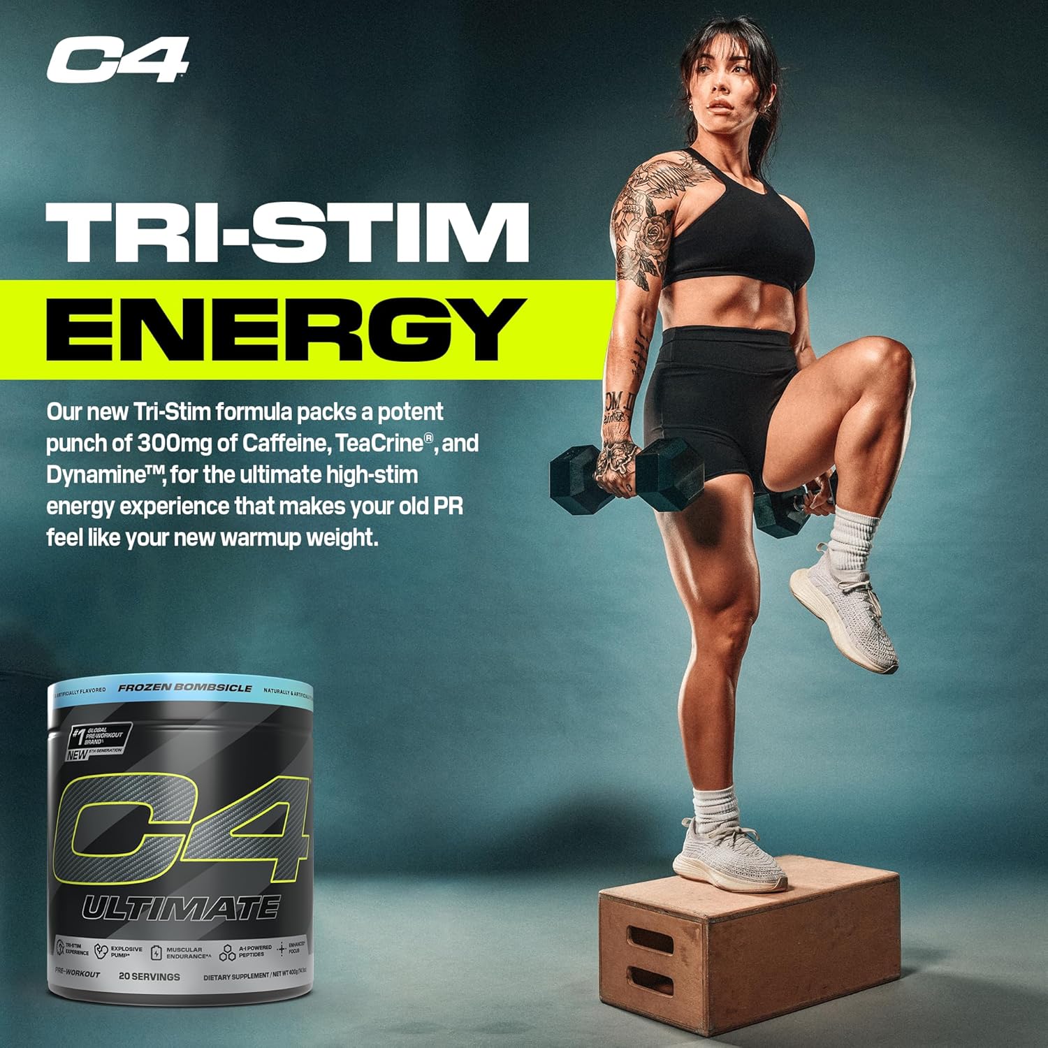 Sugar-Free Cellucor C4 Ultimate Pre-Workout Powder - Energy Supplement with 300mg Caffeine, TeaCrine, Dynamine, Creatine - ICY Blue Razz, 20 Servings for Men & Women