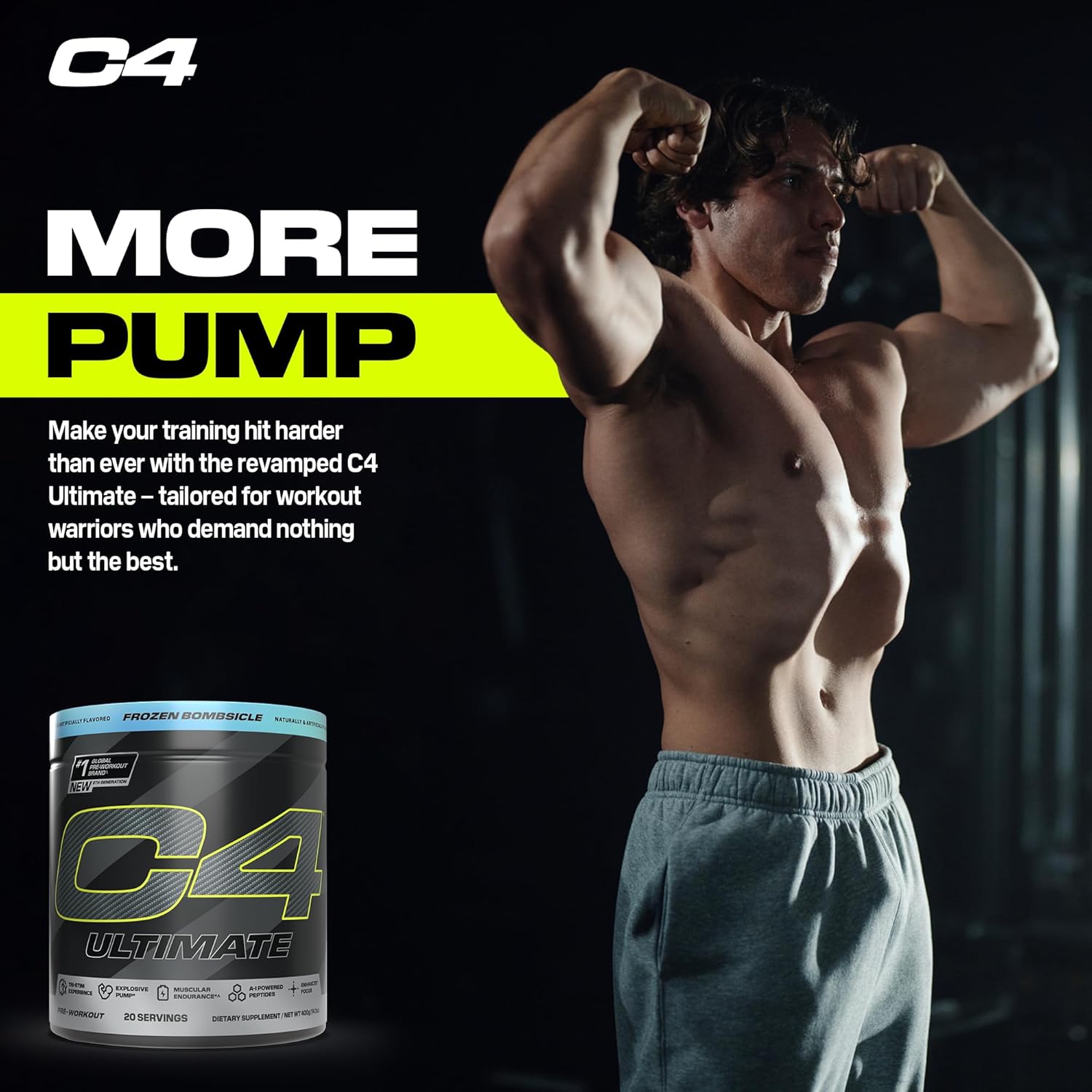 Sugar-Free Cellucor C4 Ultimate Pre-Workout Powder - Energy Supplement with 300mg Caffeine, TeaCrine, Dynamine, Creatine - ICY Blue Razz, 20 Servings for Men & Women