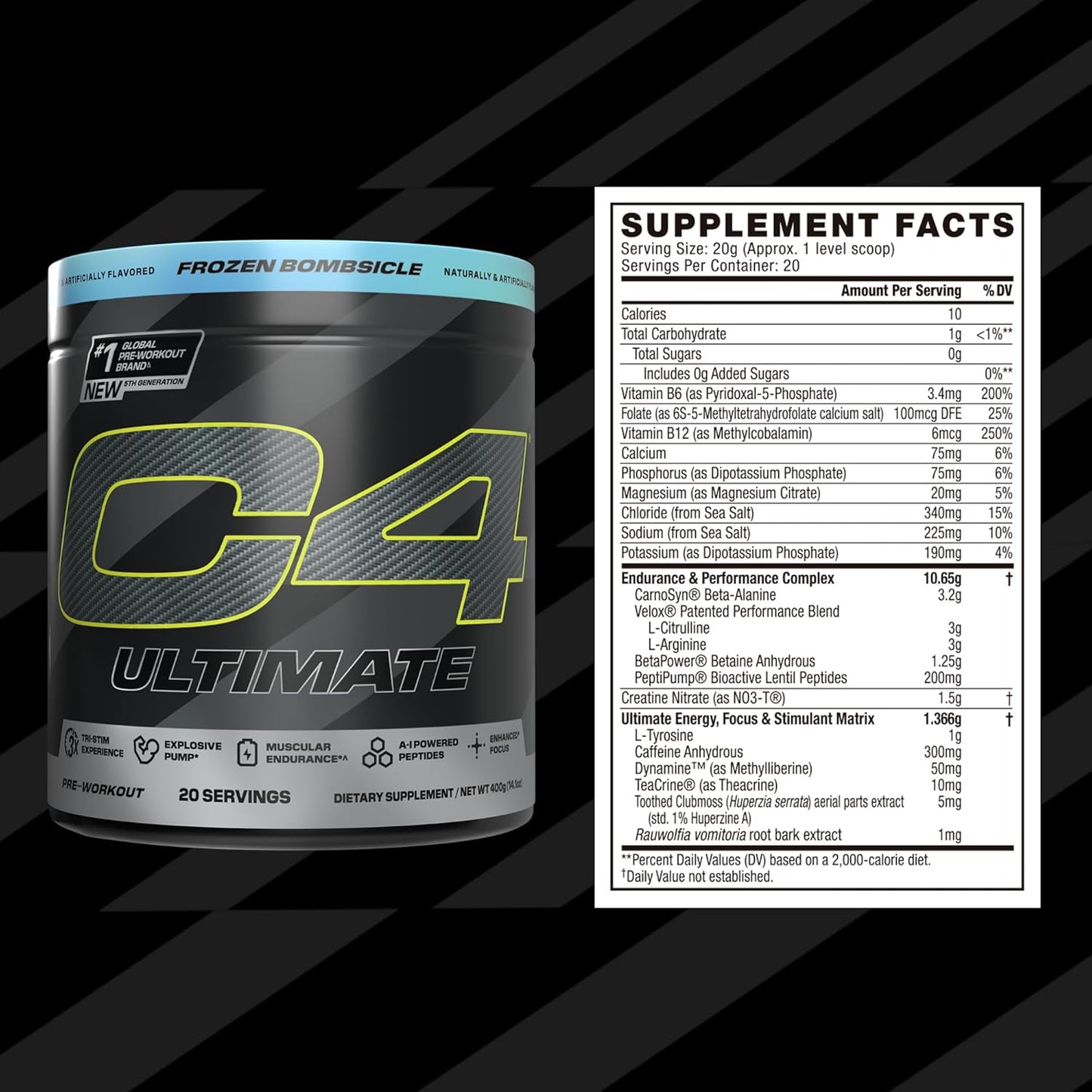 Sugar-Free Cellucor C4 Ultimate Pre-Workout Powder - Energy Supplement with 300mg Caffeine, TeaCrine, Dynamine, Creatine - ICY Blue Razz, 20 Servings for Men & Women