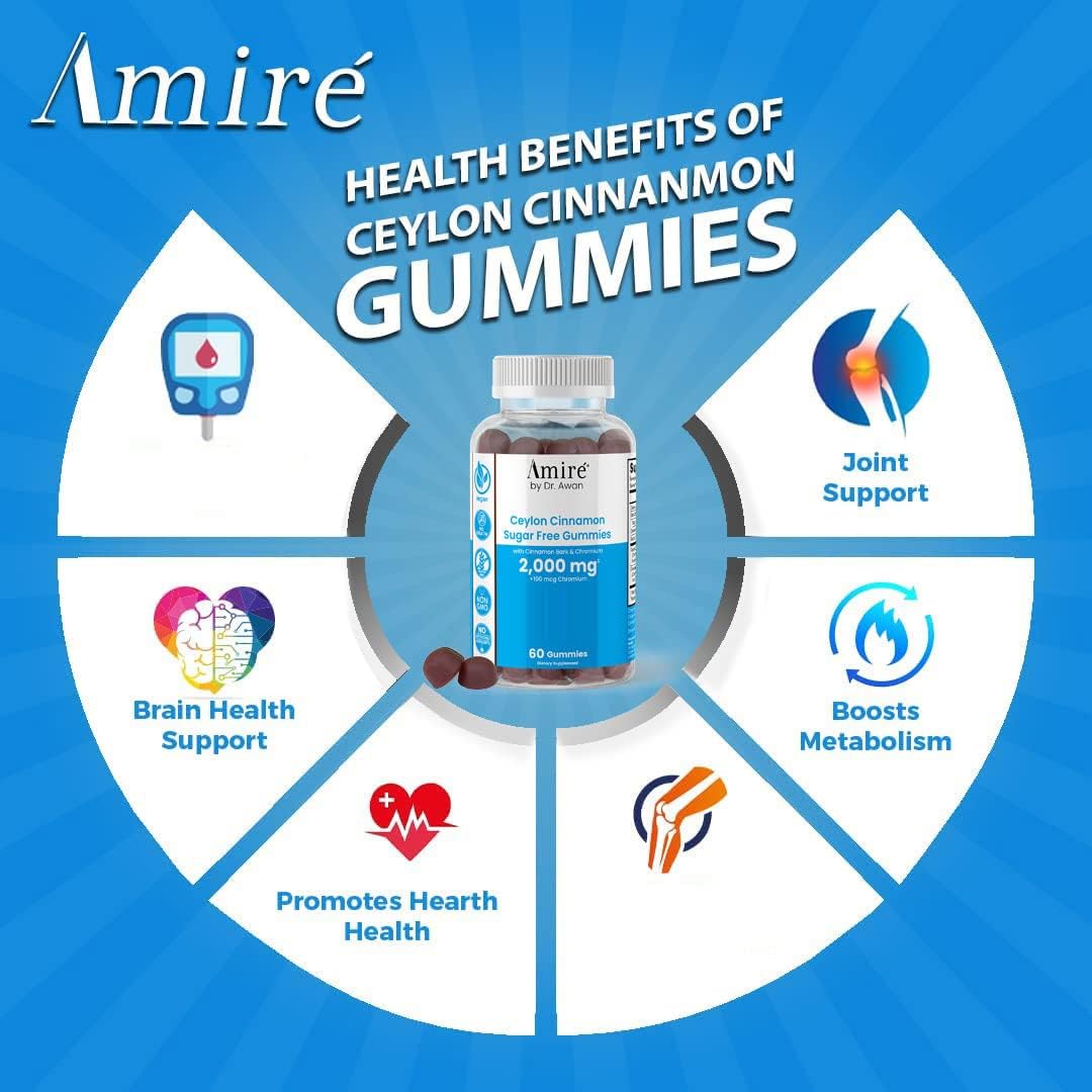 Sugar-Free Ceylon Cinnamon Gummies - Vegan Supplement for Heart, Joint, Brain Health - 180ct - Amire by Dr. Awan, 2,000mg