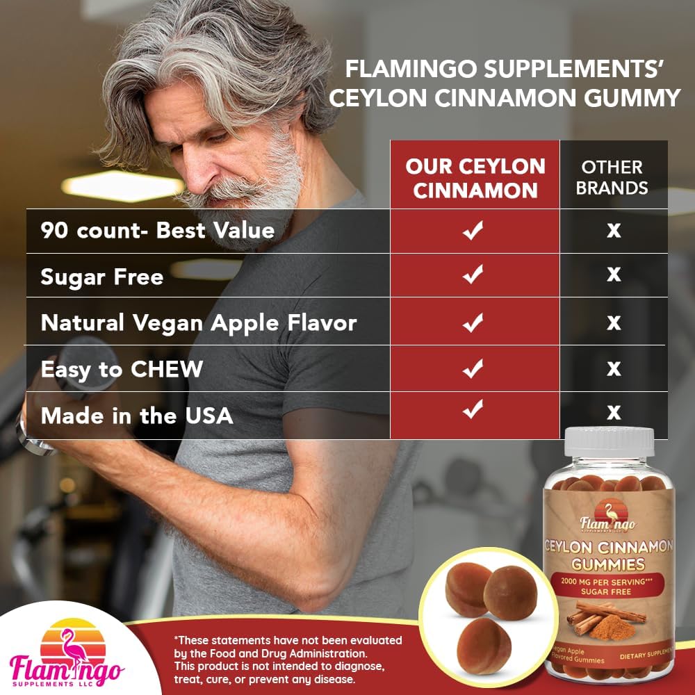 Sugar Free Ceylon Cinnamon Gummies 2000mg - Joint Pain Relief & Sugar Regulation - Neuroprotective Supplement with Chromium - 90 Chews