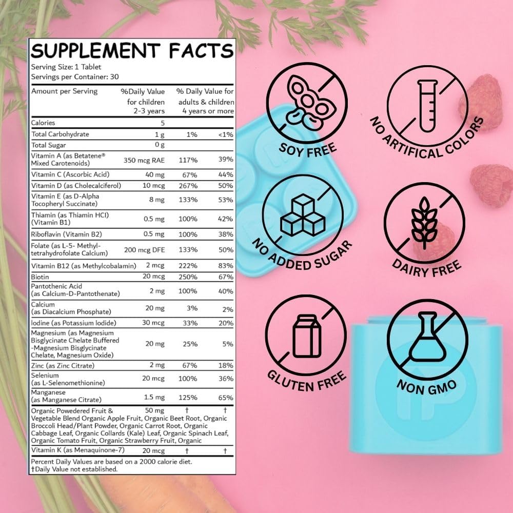 Sugar-Free Chewable Kids Multivitamin with Vitamins A, C, D3, E, K, B1, B2, B5, B7, & B12 - Calcium, Zinc, Magnesium - Fruit Punch Flavor - 30 Day Supply