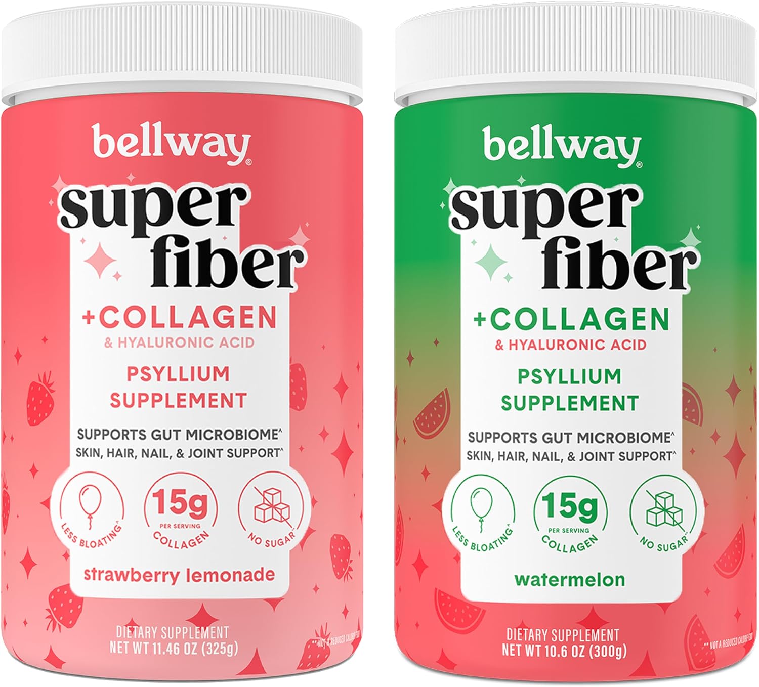Sugar-Free Collagen & Fiber Powder Blend for Gut Health, Skin, Nails, Bones & Joints - Strawberry Lemonade & Watermelon Flavor