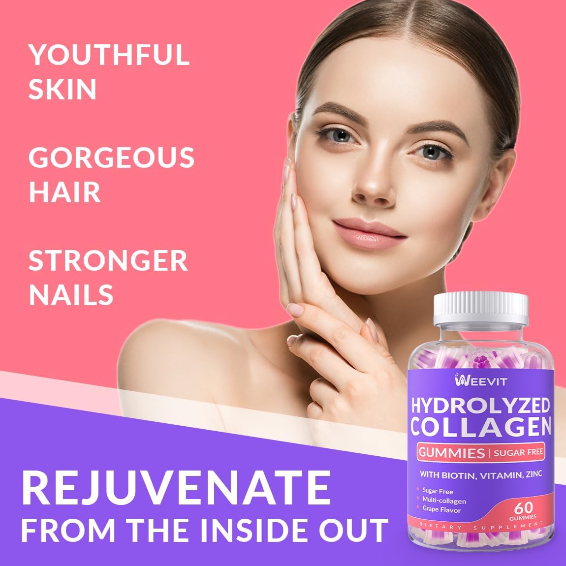 Sugar-Free Collagen Gummies for Women with Biotin Vitamin C D B12 - Hydrolyzed Collagen Peptide Supplement for Immune, Digestion, Skin, Nails, Hair