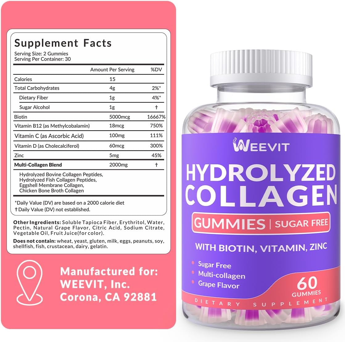 Sugar-Free Collagen Gummies for Women with Biotin Vitamin C D B12 - Hydrolyzed Collagen Peptide Supplement for Immune, Digestion, Skin, Nails, Hair