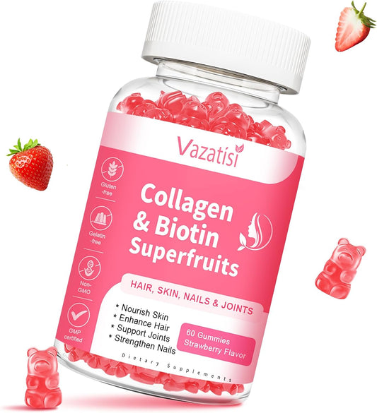 Sugar Free Collagen Gummies with Multi Peptides and Vitamins for Hair, Skin, Nails, and Immunity - Strawberry Flavor - 60 Count