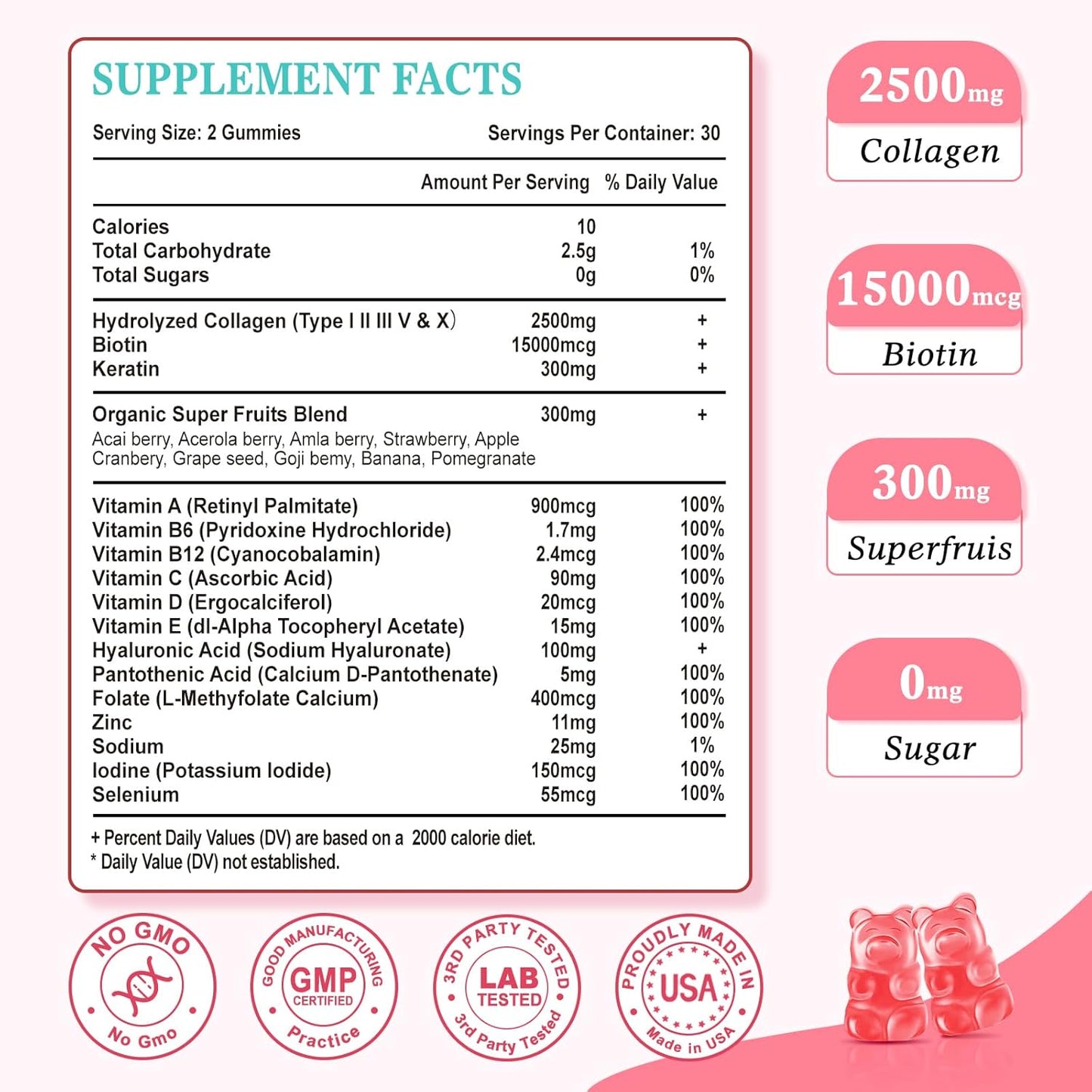 Sugar Free Collagen Gummies with Multi Peptides and Vitamins for Hair, Skin, Nails, and Immunity - Strawberry Flavor - 60 Count