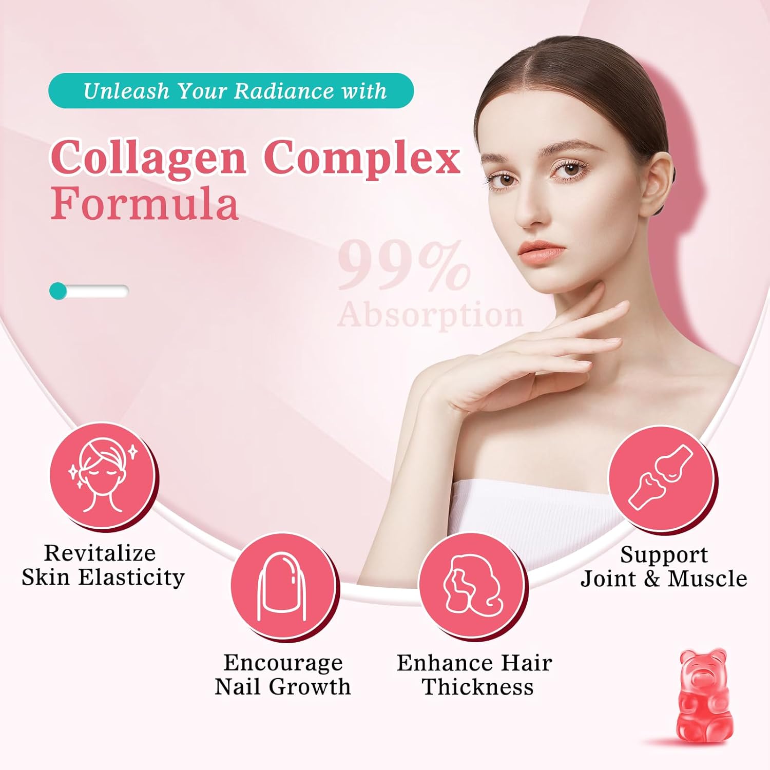 Sugar Free Collagen Gummies with Multi Peptides and Vitamins for Hair, Skin, Nails, and Immunity - Strawberry Flavor - 60 Count