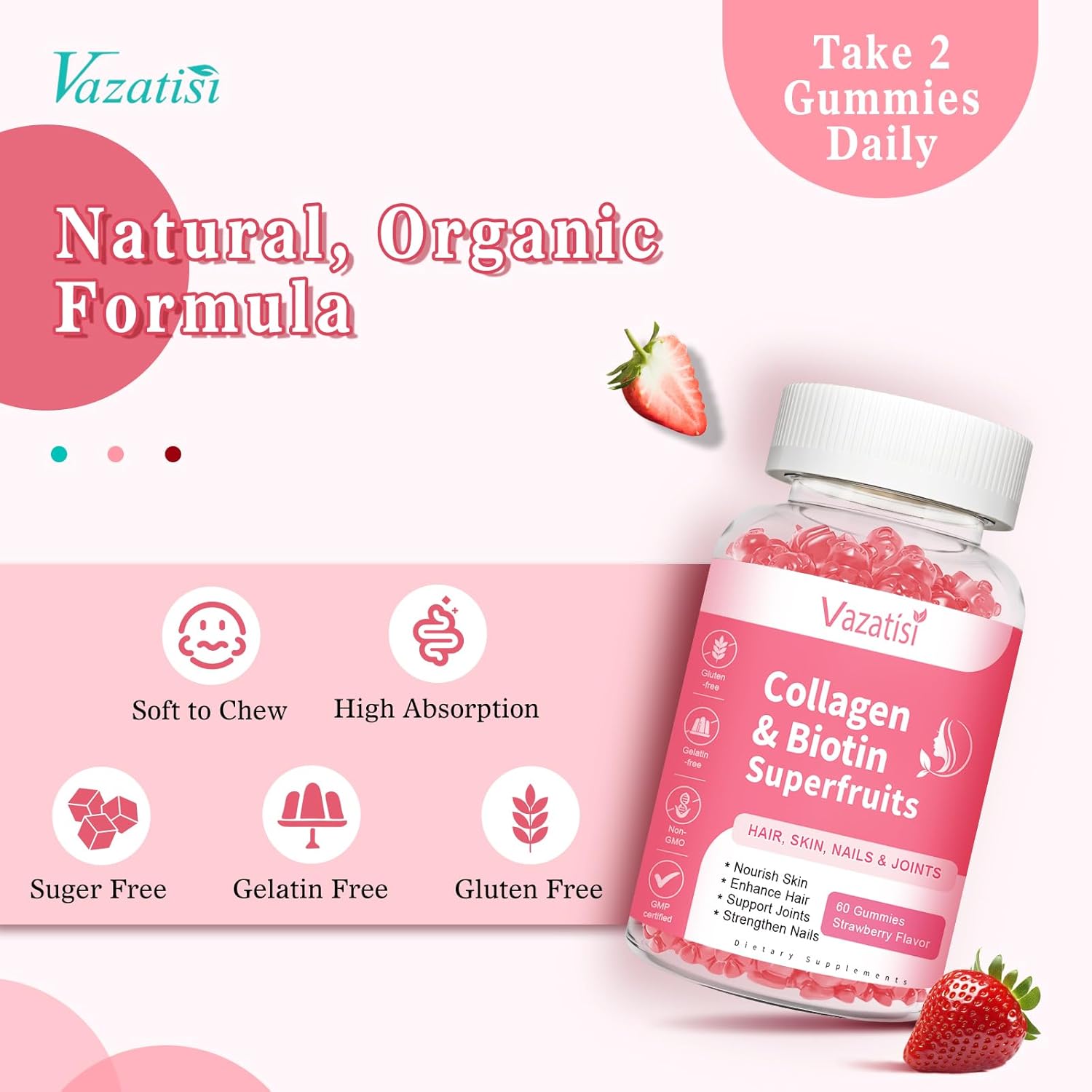 Sugar Free Collagen Gummies with Multi Peptides and Vitamins for Hair, Skin, Nails, and Immunity - Strawberry Flavor - 60 Count