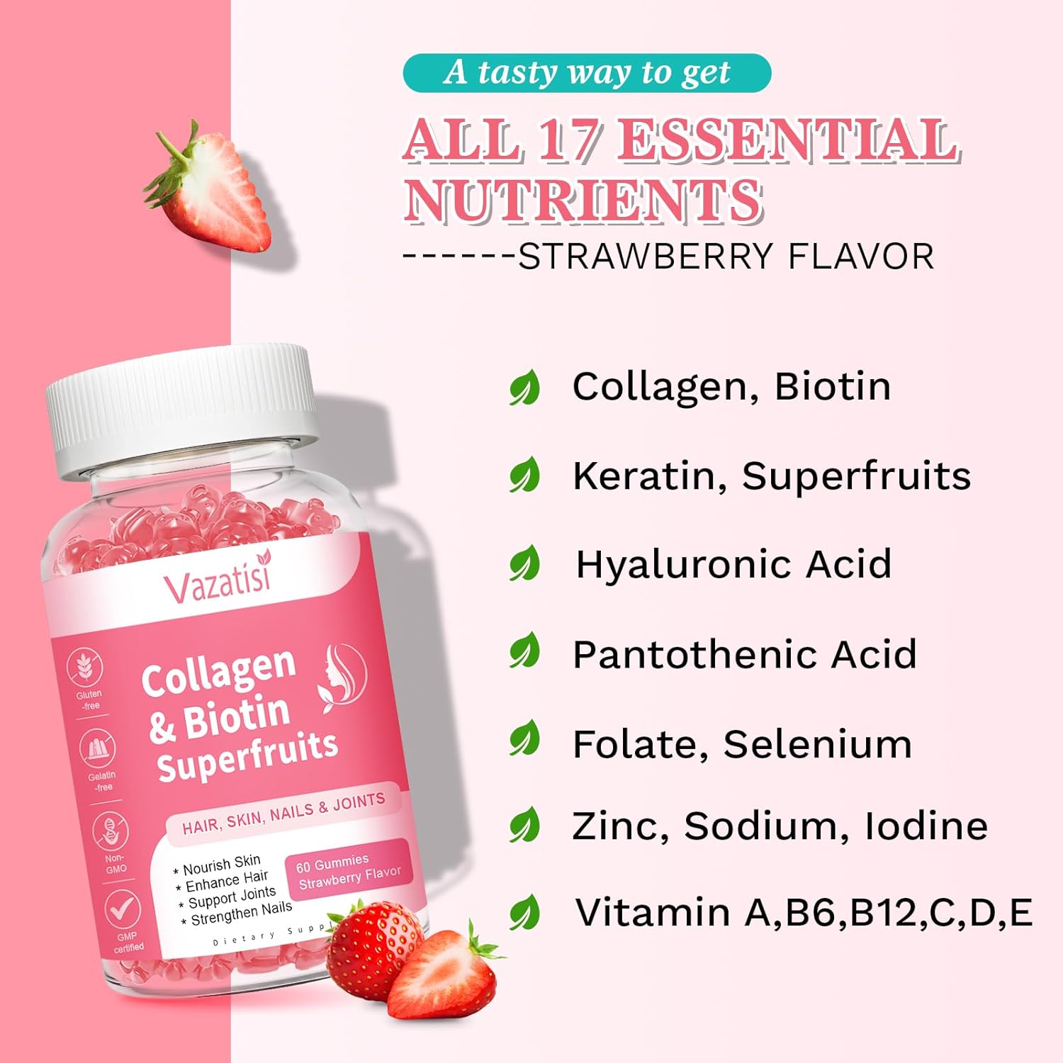 Sugar Free Collagen Gummies with Multi Peptides and Vitamins for Hair, Skin, Nails, and Immunity - Strawberry Flavor - 60 Count