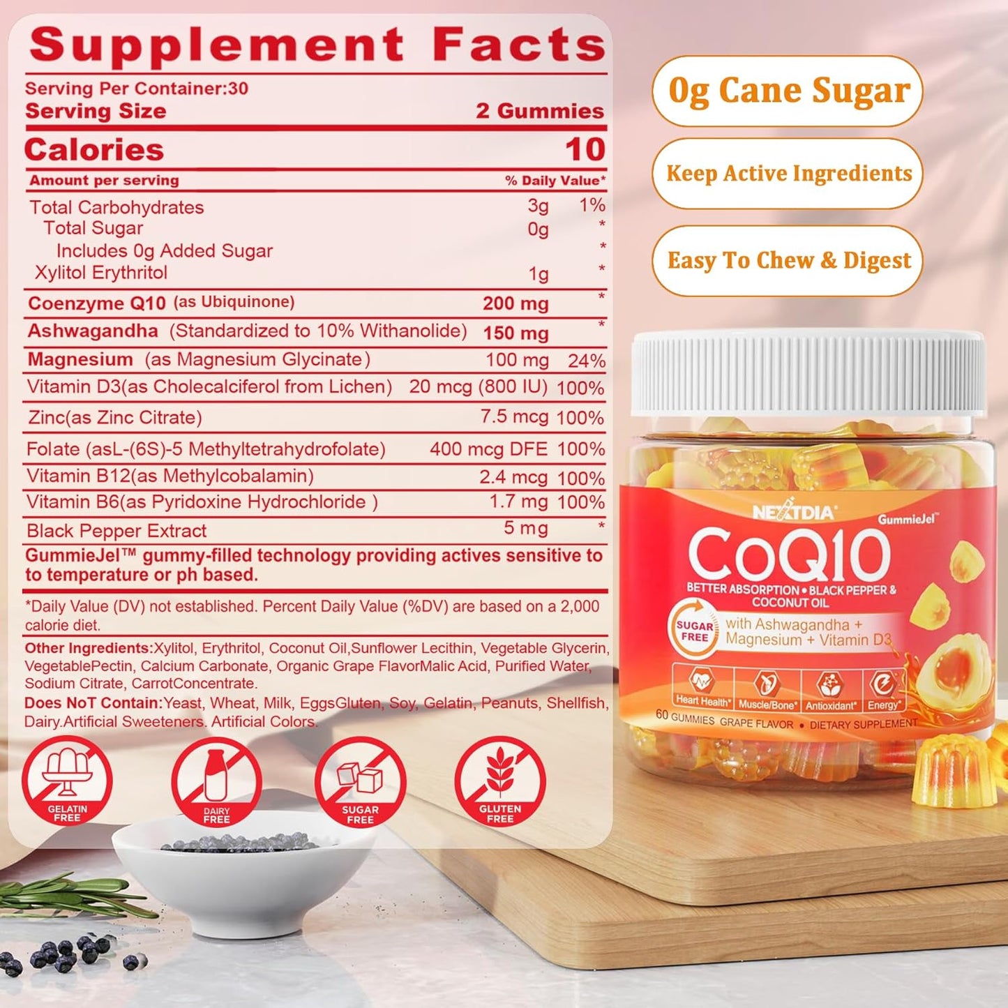 Sugar-Free CoQ10 Gummies with Ashwagandha, Magnesium, B6, D3, B12, & B9 - Energy & Heart Support - 2 Pack